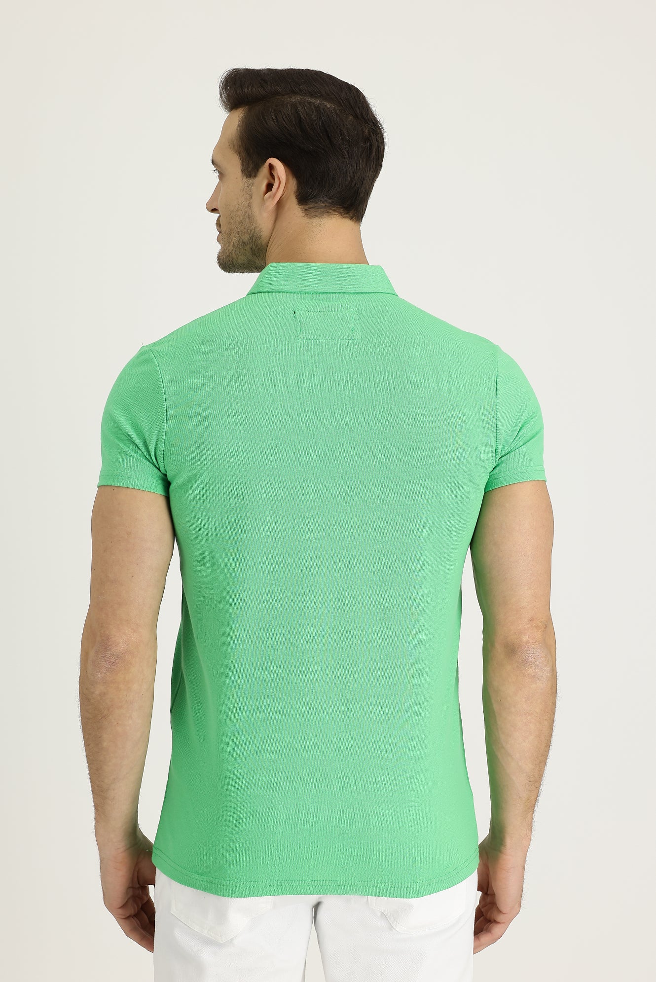 Çağla Yeşili Polo Yaka Slim Fit Dar Kesim Desenli Pamuk Tişört - Image 3