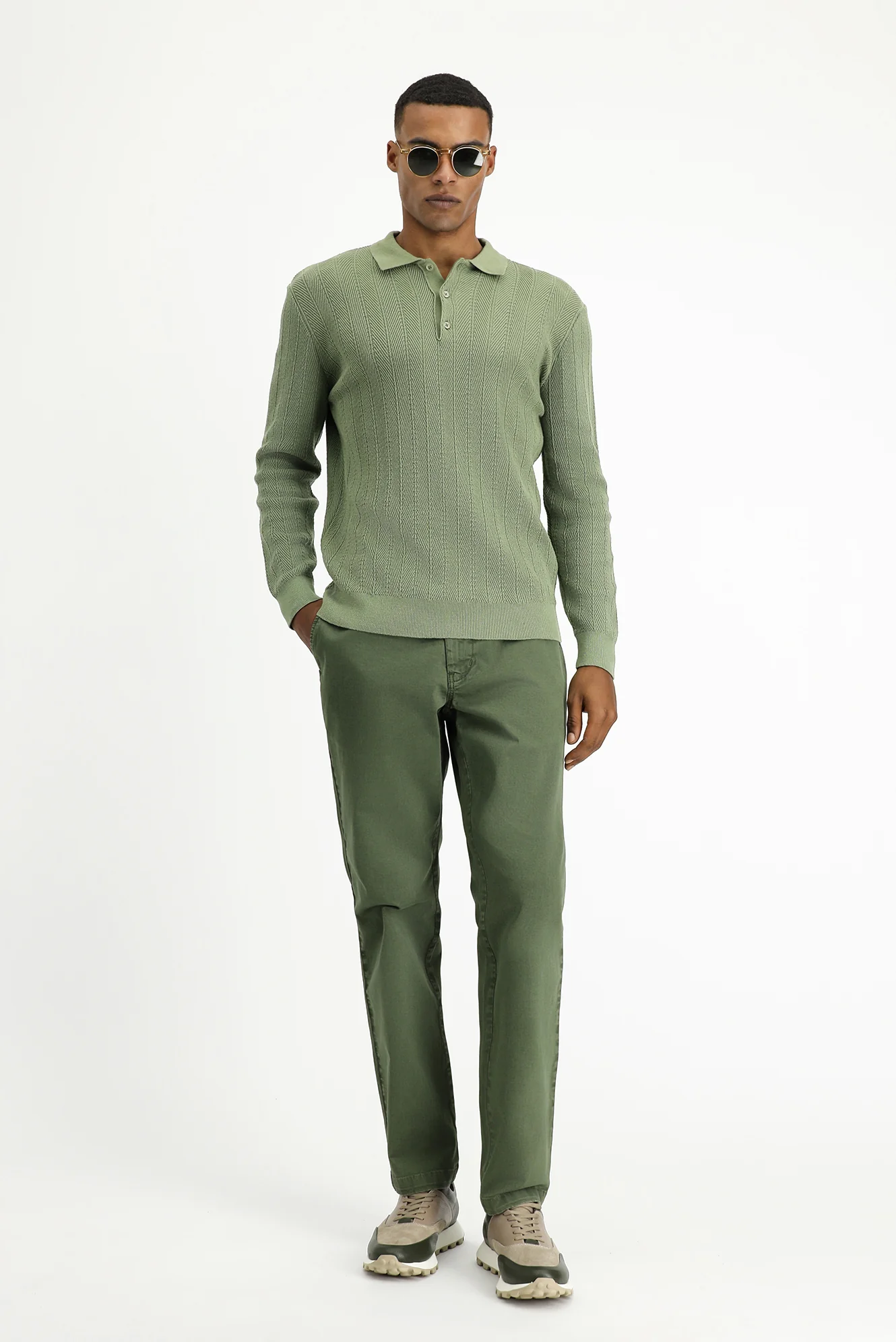 Çağla Yeşili Polo Yaka Düğmeli Slim Fit Desenli Pamuklu Triko Kazak - Image 3