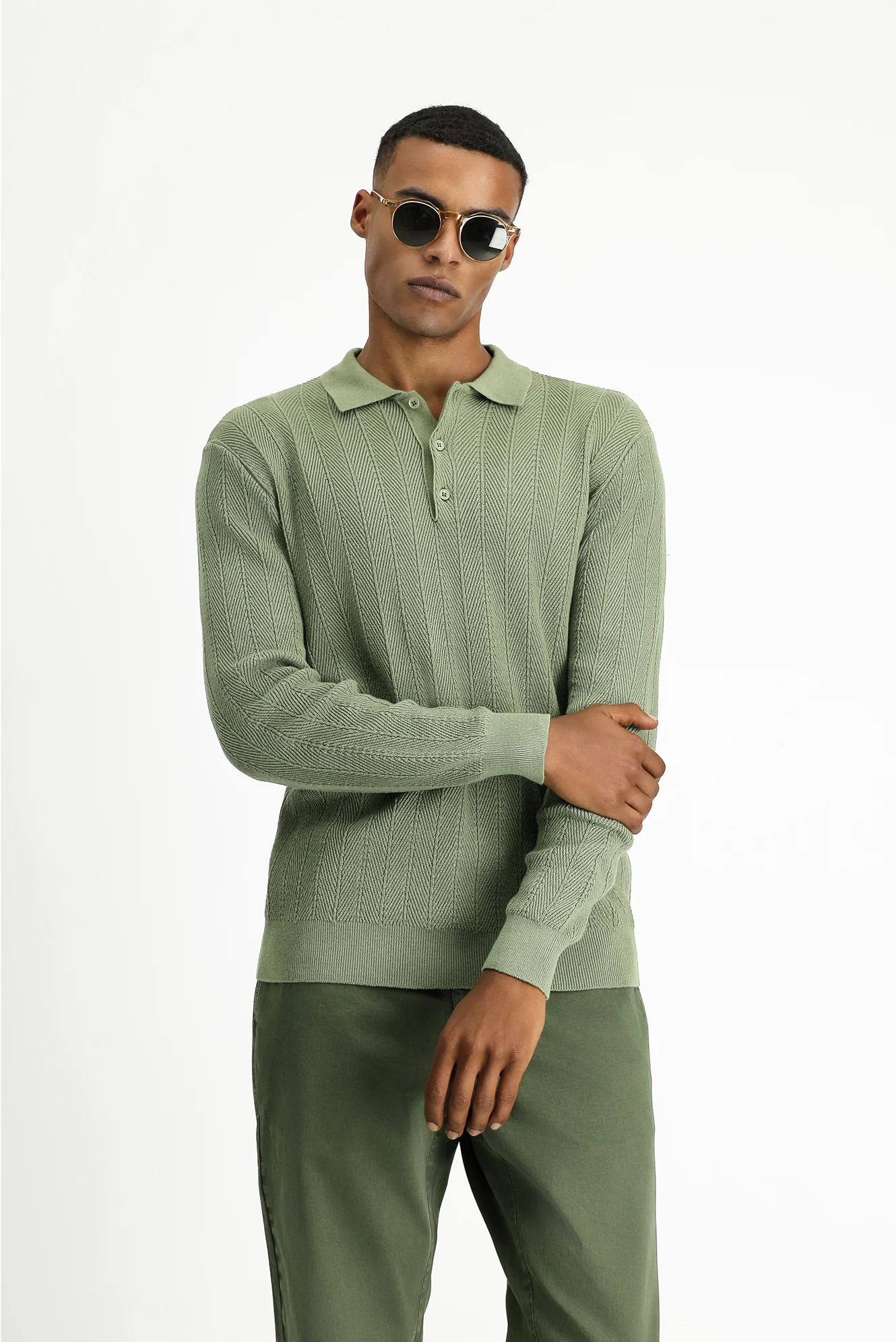 Çağla Yeşili Polo Yaka Düğmeli Slim Fit Desenli Pamuklu Triko Kazak - Image 4