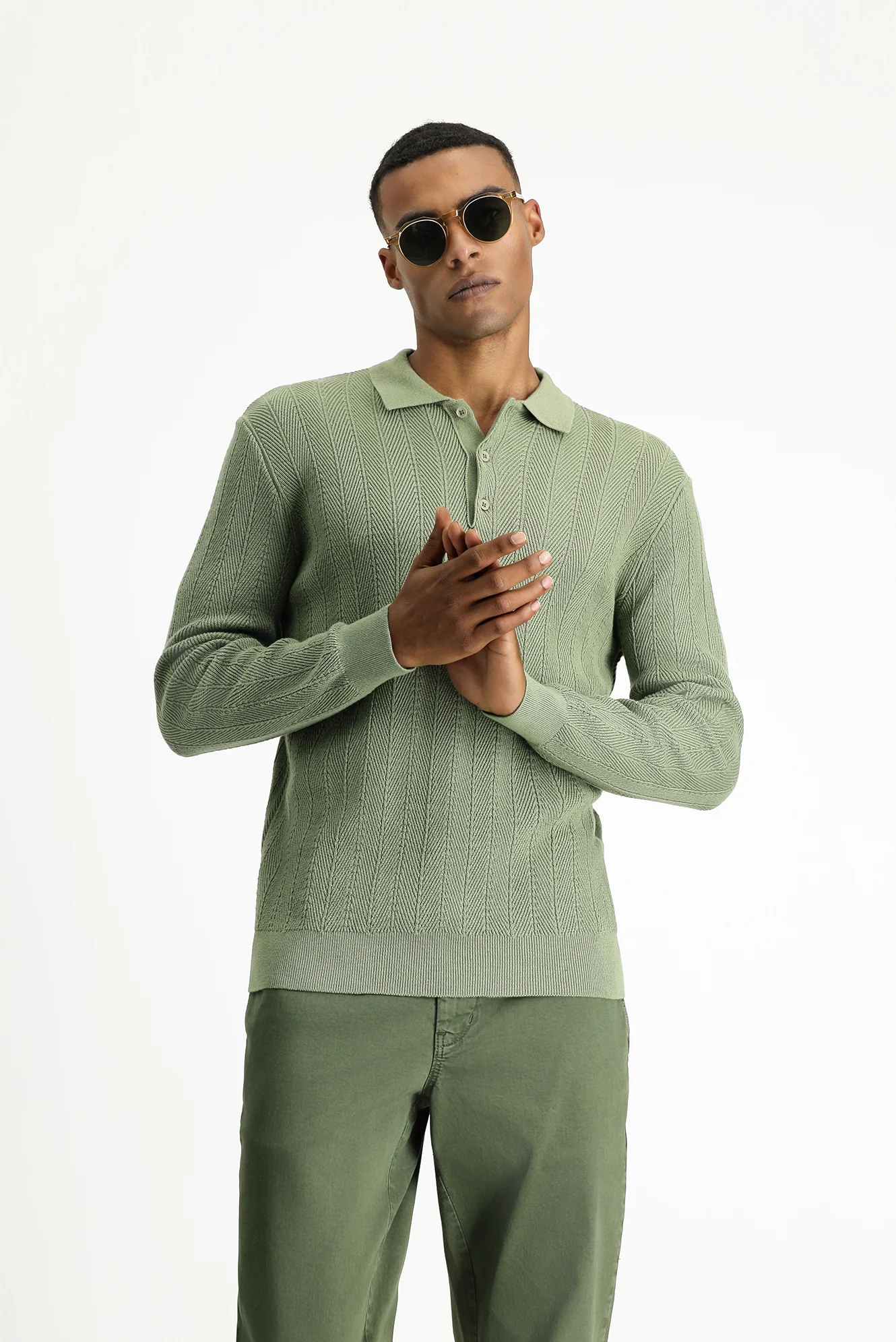 Çağla Yeşili Polo Yaka Düğmeli Slim Fit Desenli Pamuklu Triko Kazak - Image 5