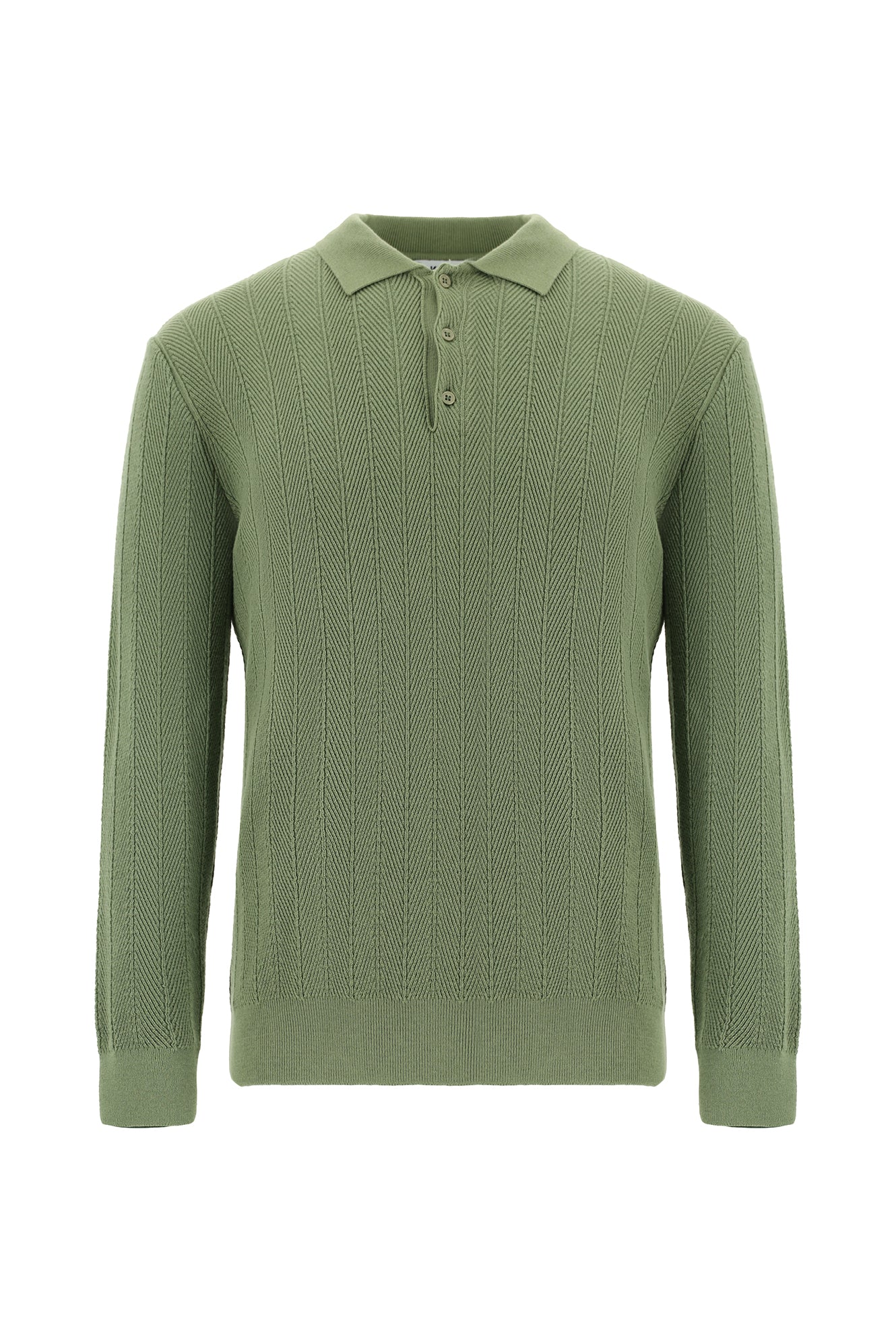 Çağla Yeşili Polo Yaka Düğmeli Slim Fit Desenli Pamuklu Triko Kazak - Image 8