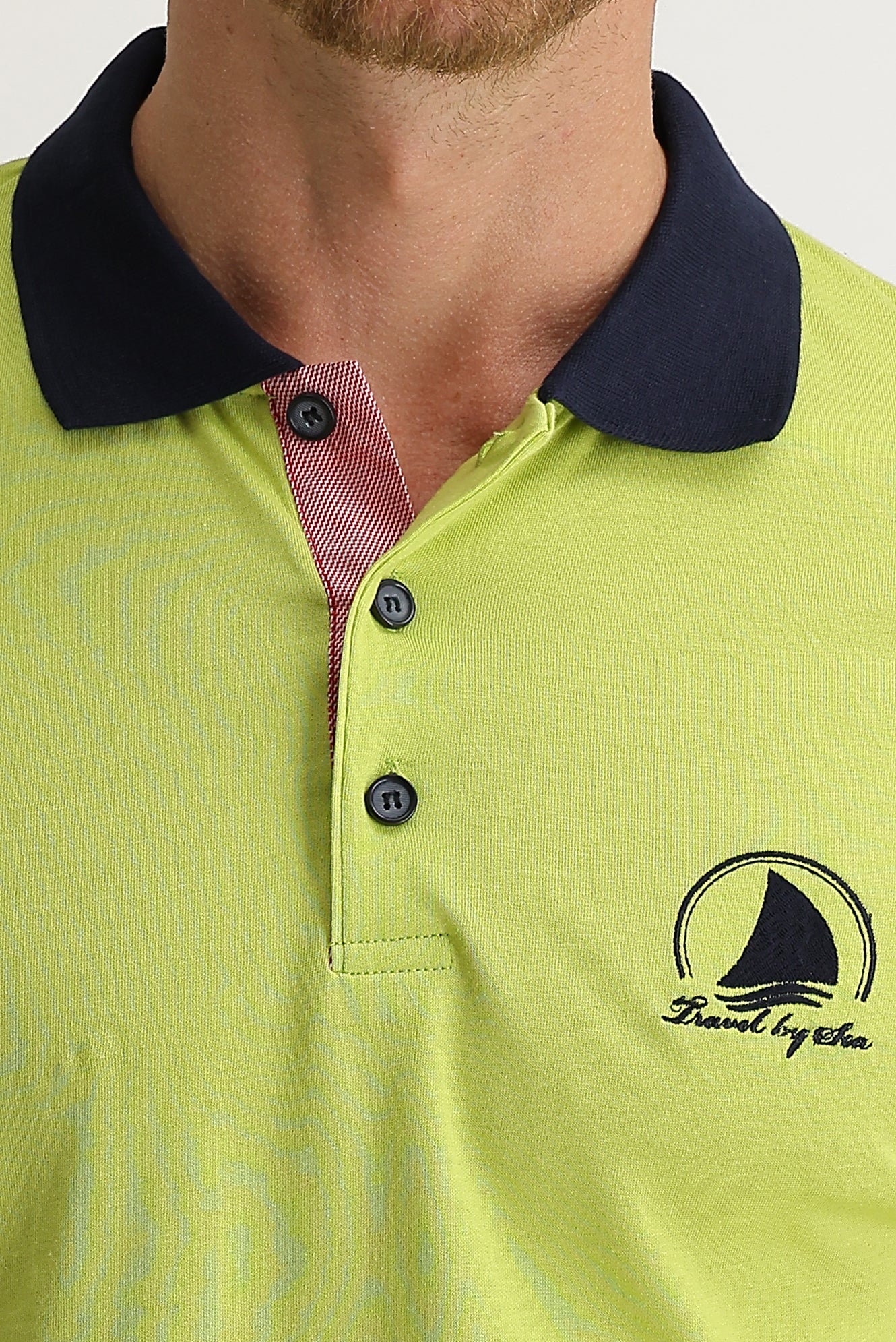 Çağla Yeşili Polo Yaka Slim Fit Dar Kesim Desenli Tişört - Image 3