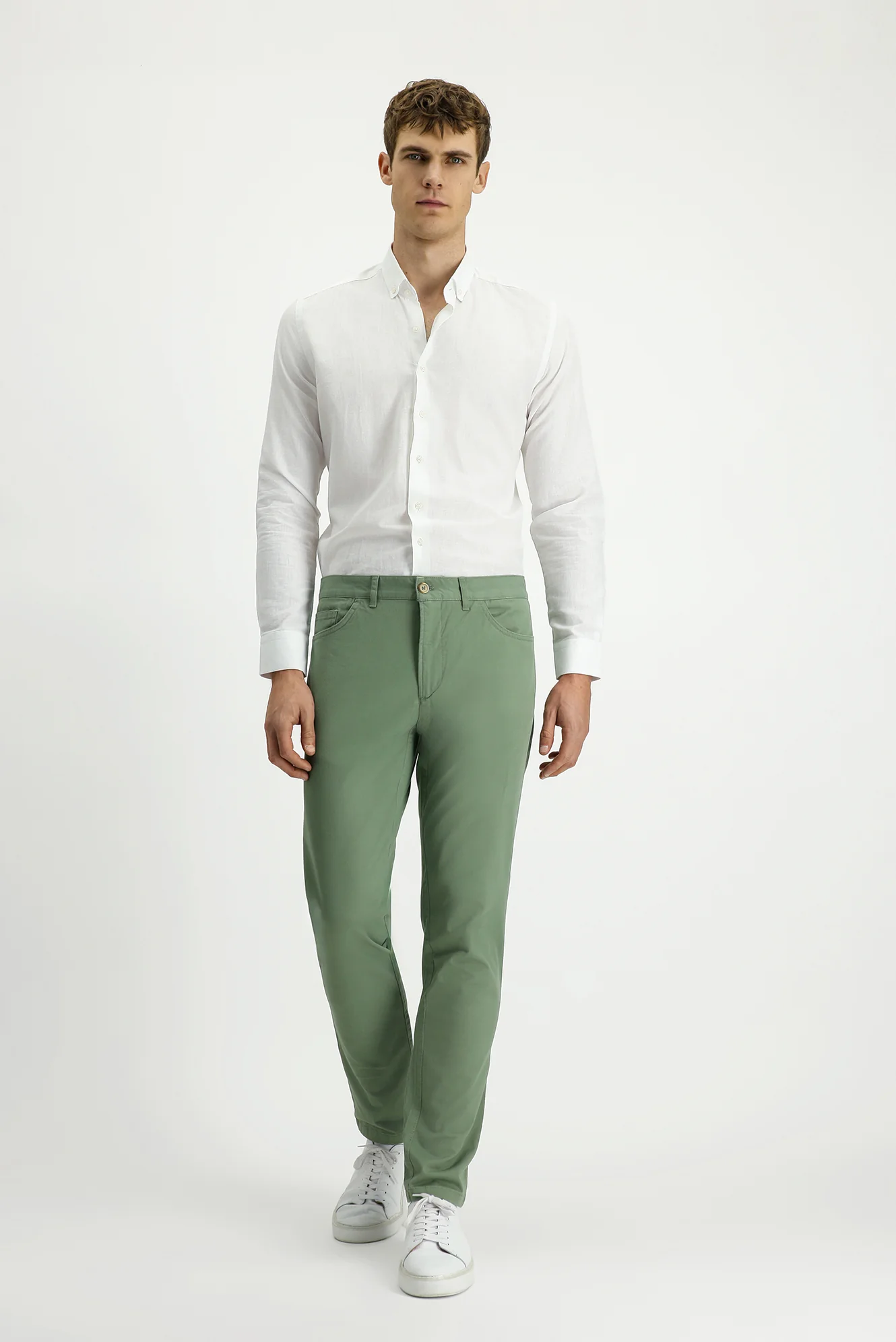 Çağla Yeşili Slim Fit Dar Kesim Likralı Yandan Cepli Kanvas / Chino Pantolon