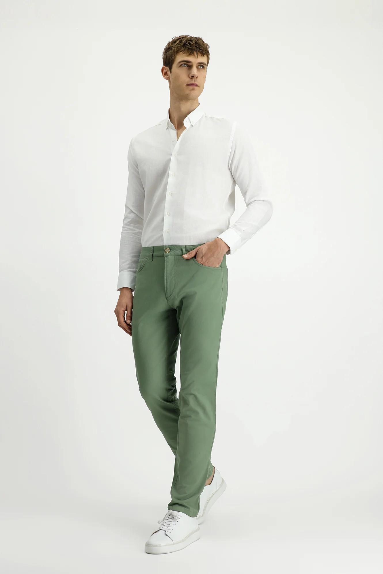 Çağla Yeşili Slim Fit Dar Kesim Likralı Yandan Cepli Kanvas / Chino Pantolon - Image 2