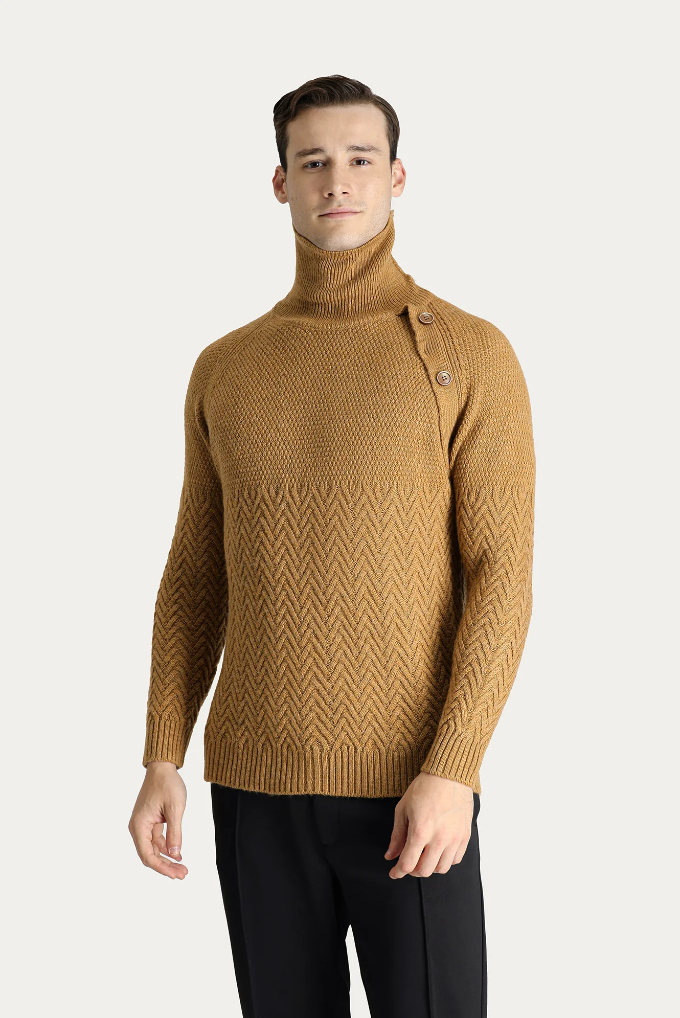 Camel Balıkçı Yaka Slim Fit Dar Kesim Desenli Yünlü Triko Kazak - Image 3