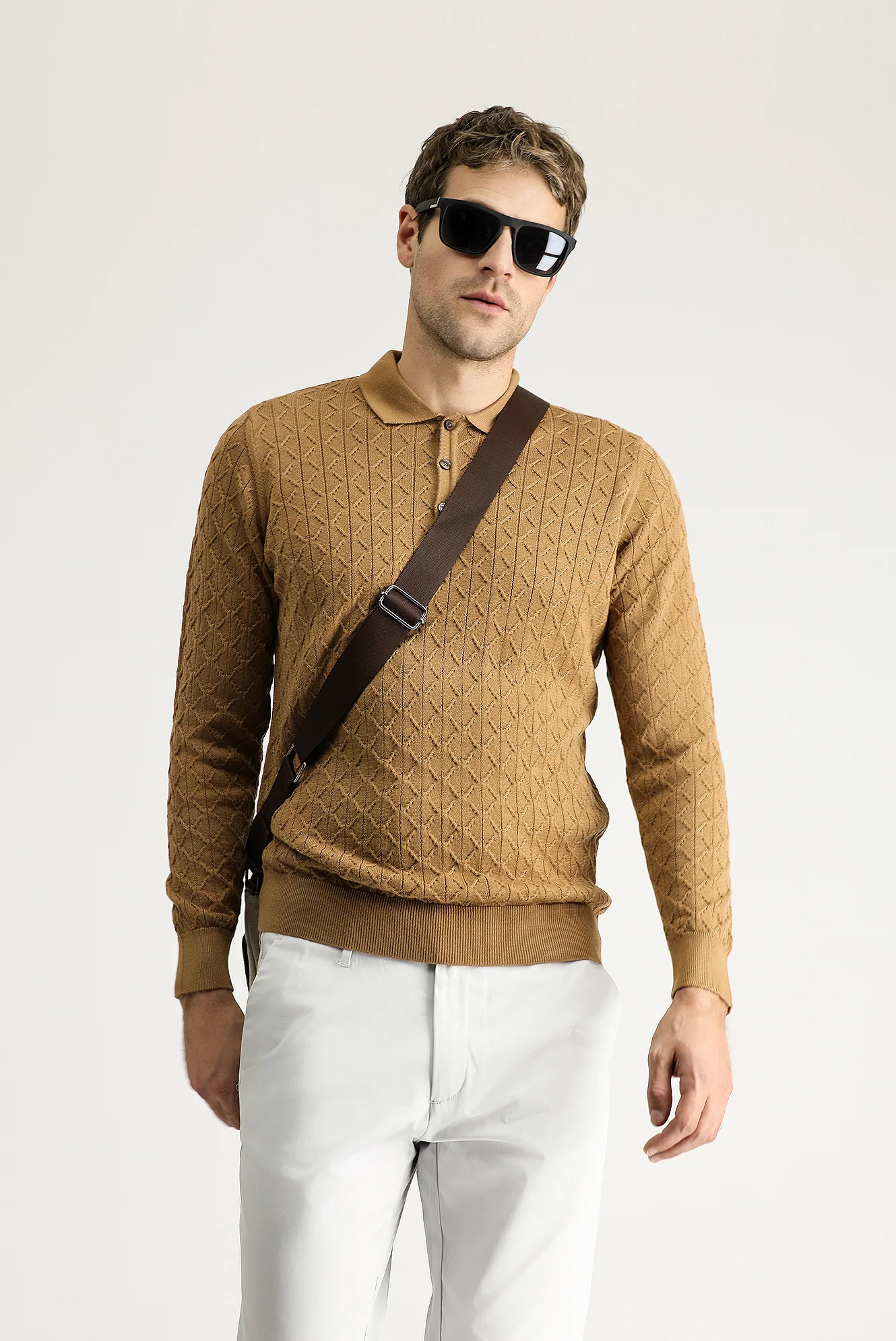 Camel Polo Yaka Slim Fit Dar Kesim Desenli Yünlü Triko Kazak
