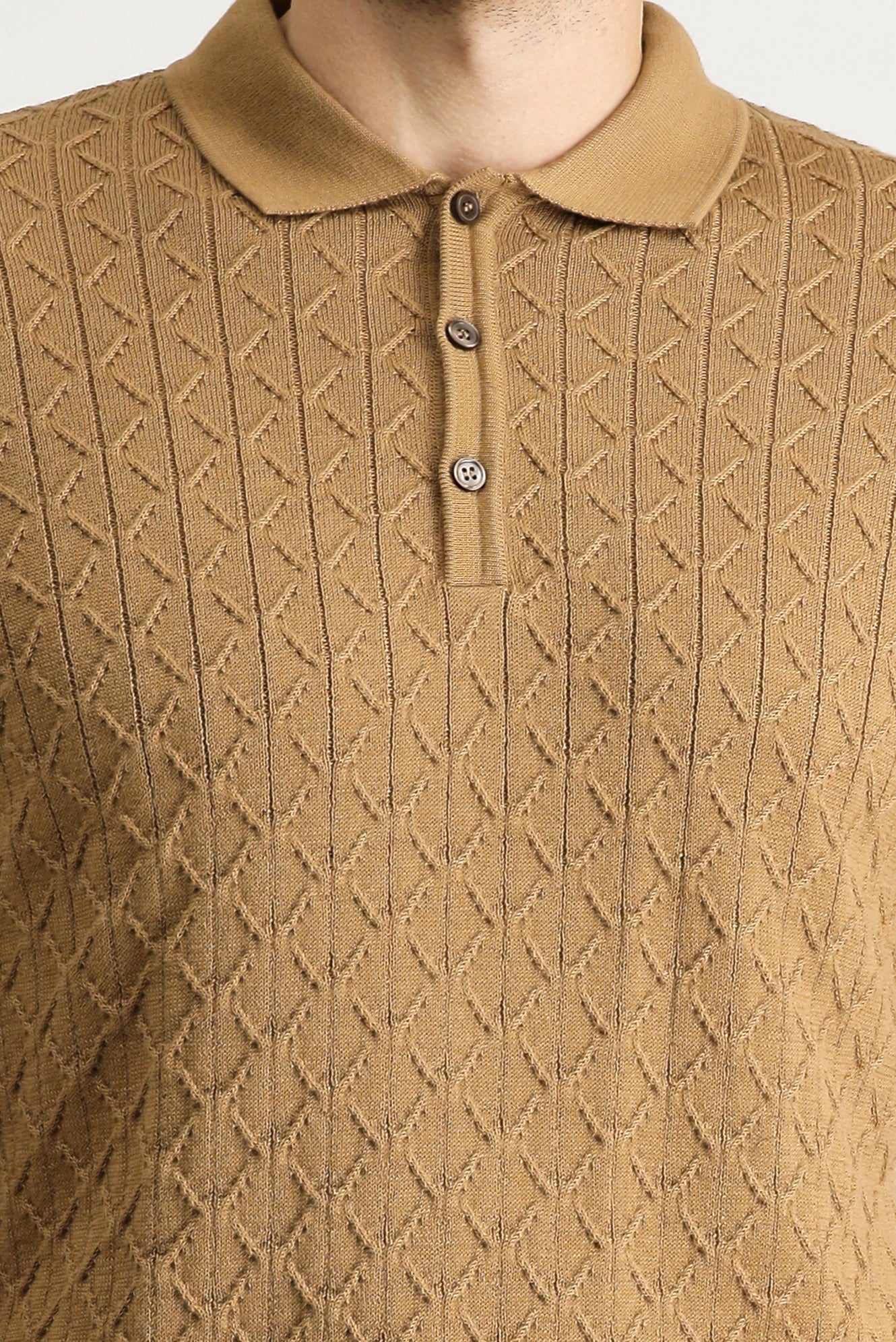 Camel Polo Yaka Slim Fit Dar Kesim Desenli Yünlü Triko Kazak - Image 6