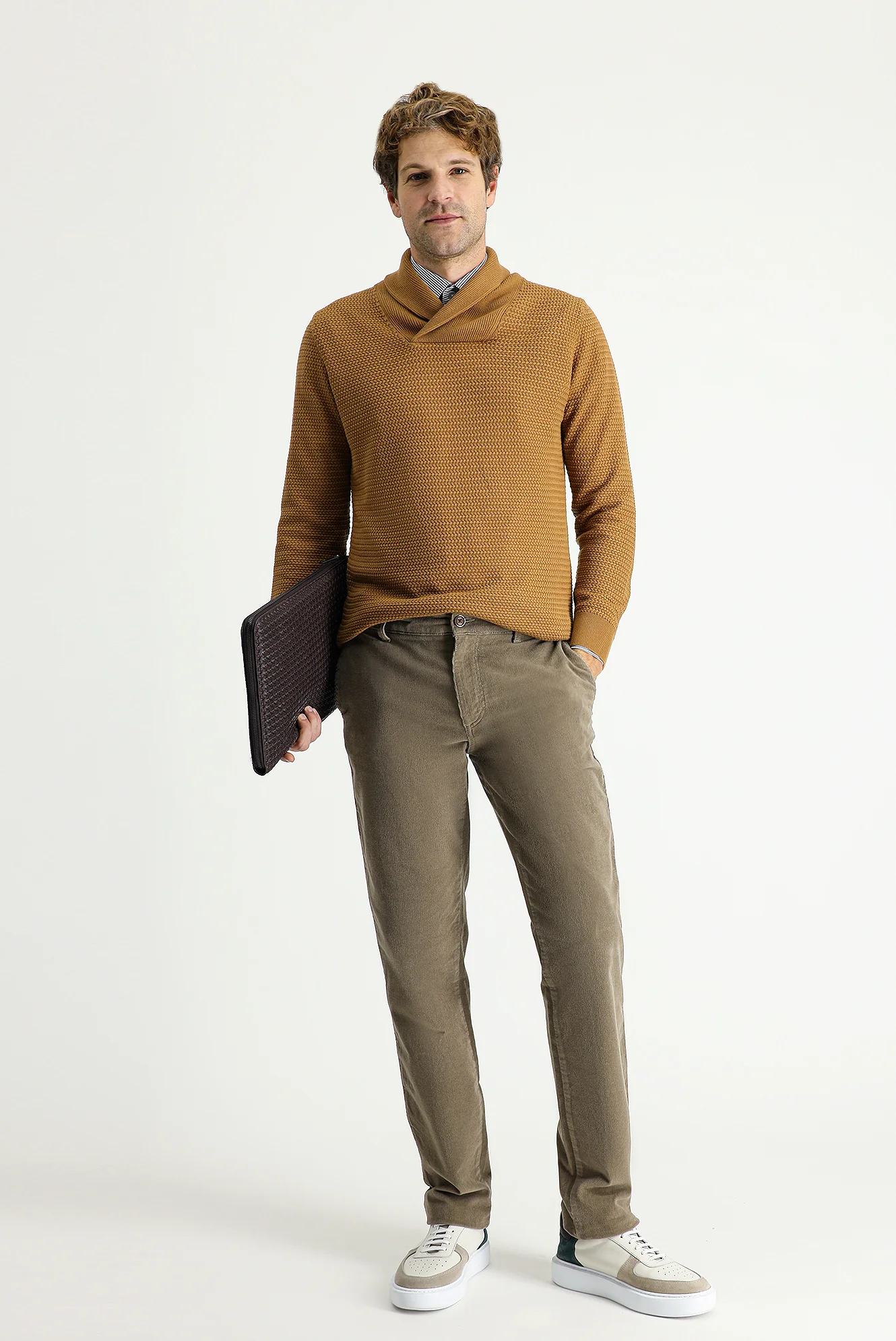 Camel Şal Yaka Slim Fit Dar Kesim Desenli Pamuklu Triko Kazak - Image 2