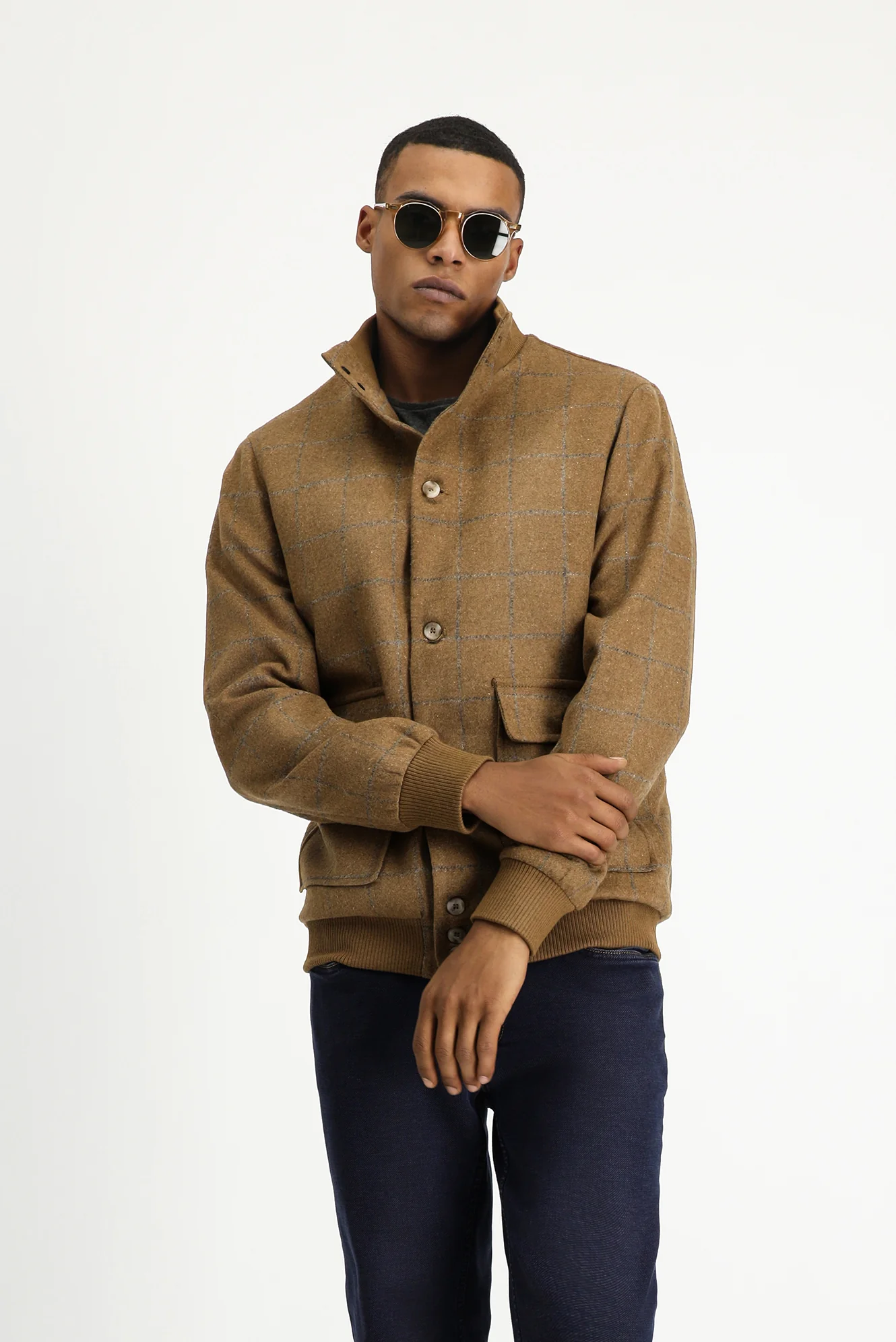 Camel Slim Fit Dar Kesim Kareli Yünlü Bomber Ceket Mont