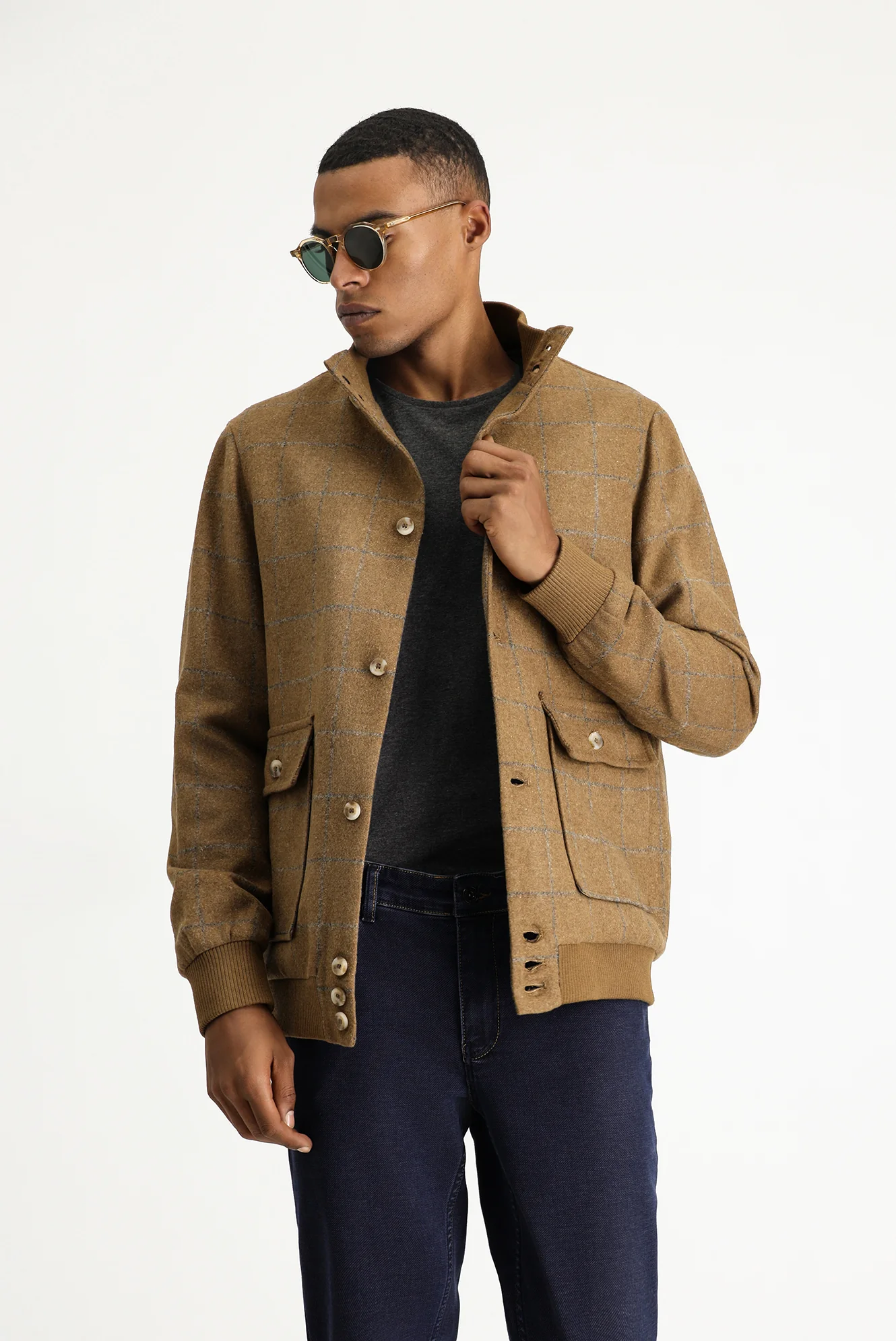 Camel Slim Fit Dar Kesim Kareli Yünlü Bomber Ceket Mont - Image 3