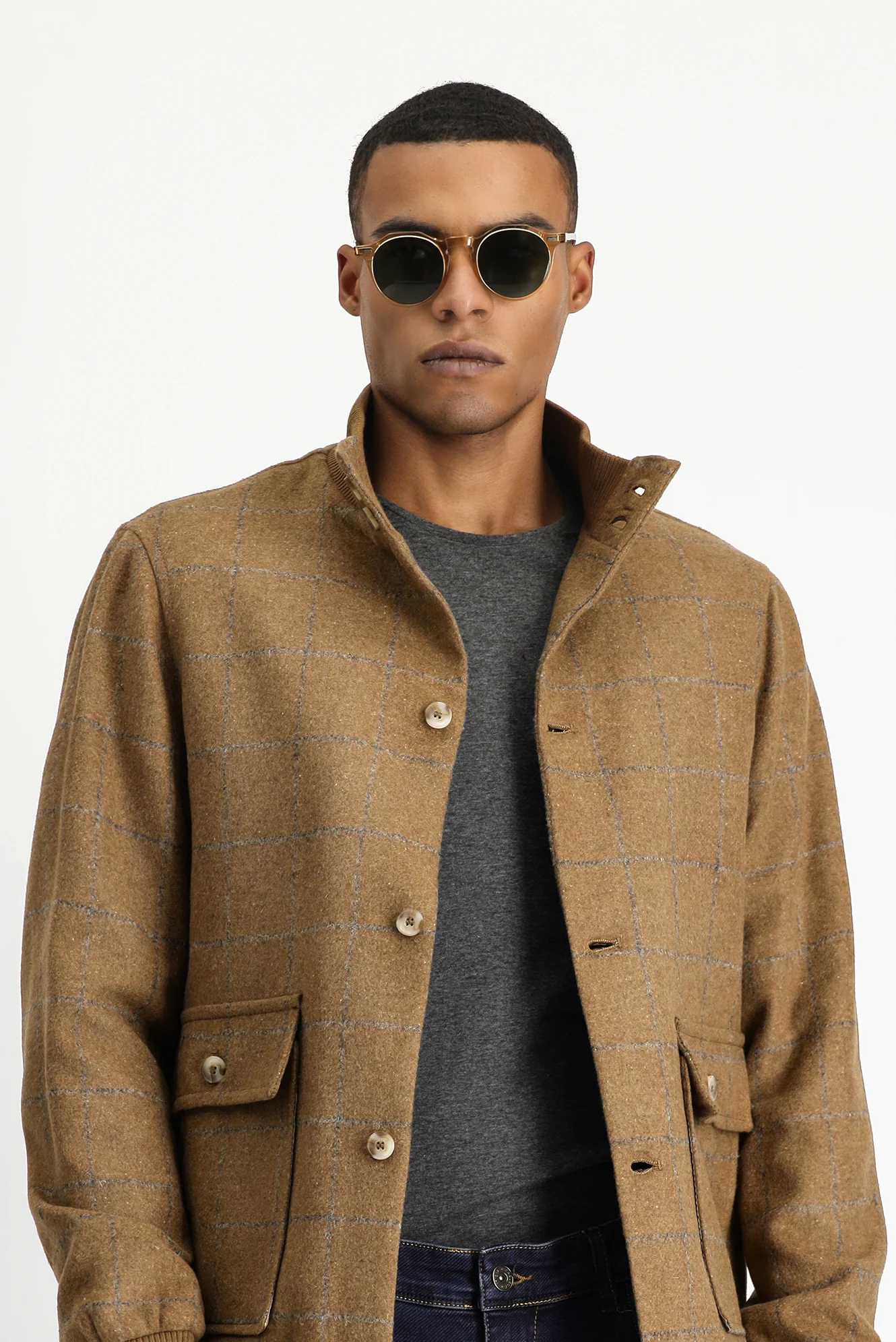 Camel Slim Fit Dar Kesim Kareli Yünlü Bomber Ceket Mont - Image 4