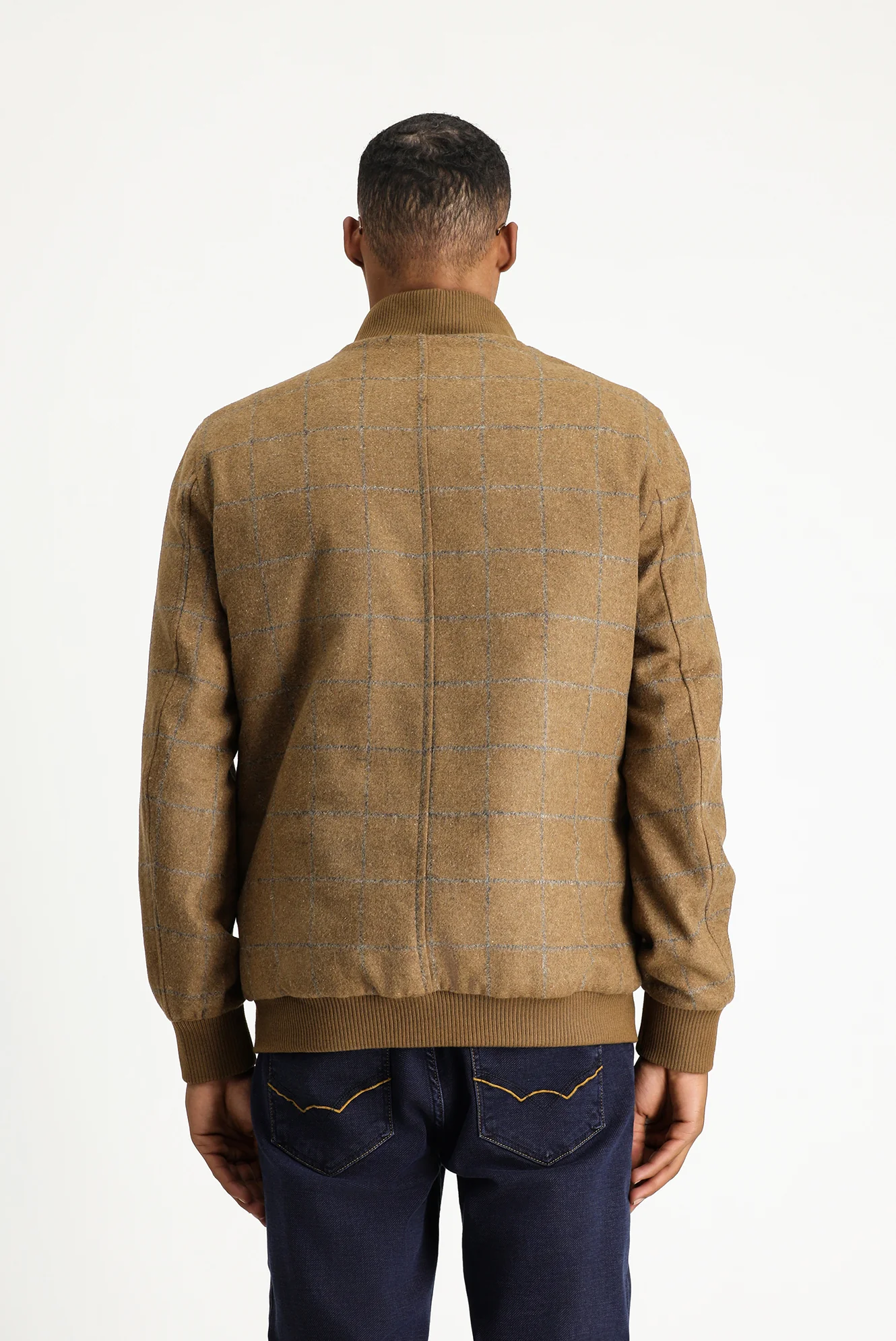 Camel Slim Fit Dar Kesim Kareli Yünlü Bomber Ceket Mont - Image 5