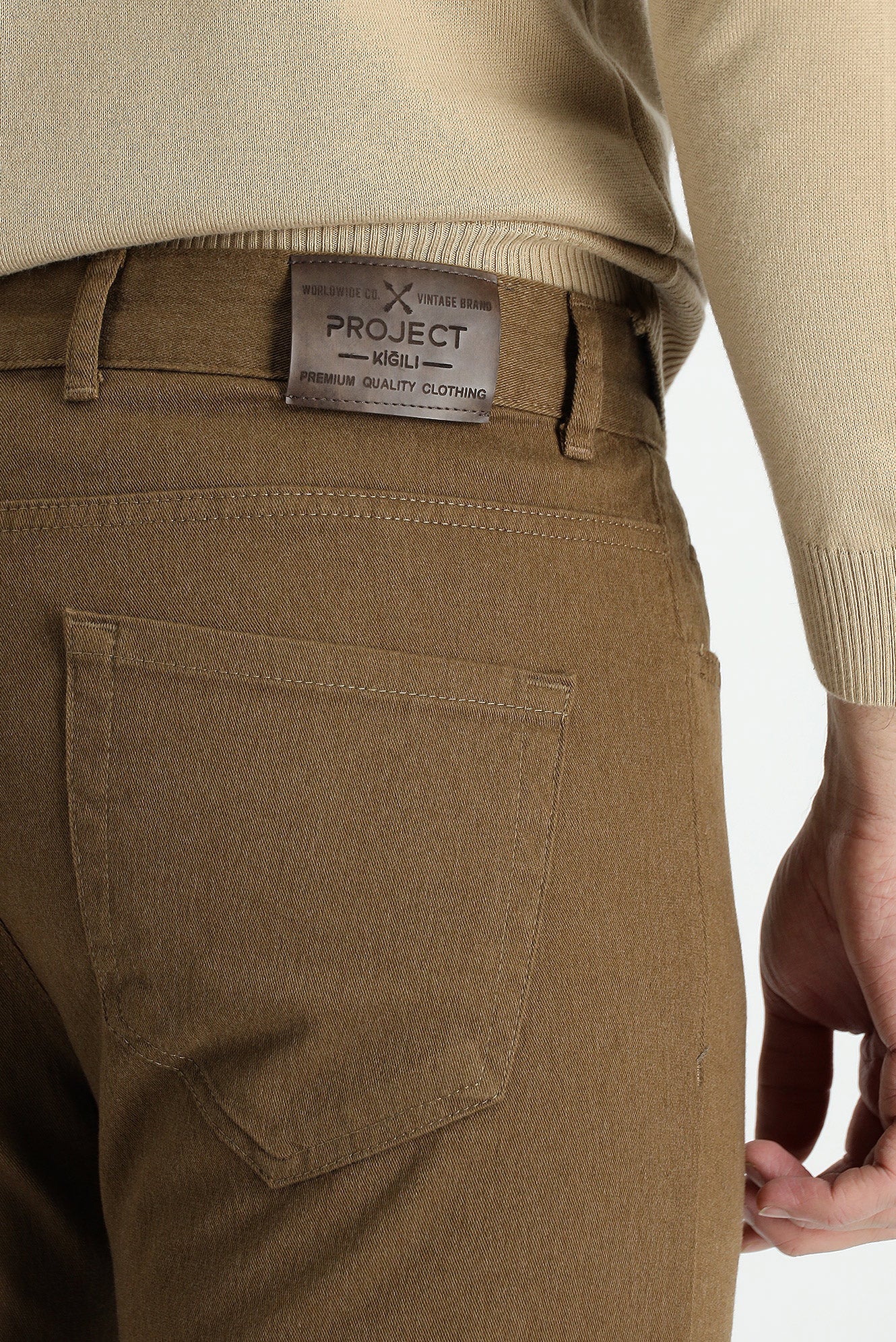 Camel Slim Fit Dar Kesim Likralı Kanvas / Chino Pantolon - Image 4