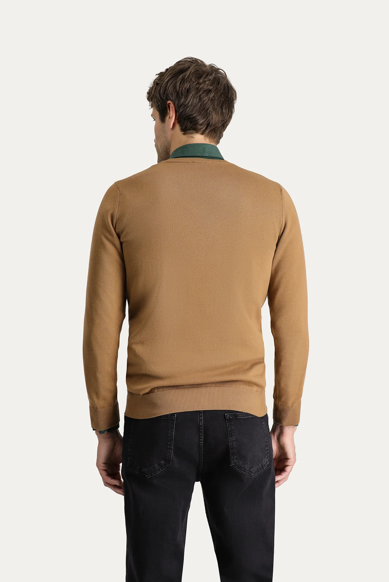 Camel V Yaka Slim Fit Dar Kesim Pamuklu Triko Kazak - Image 4