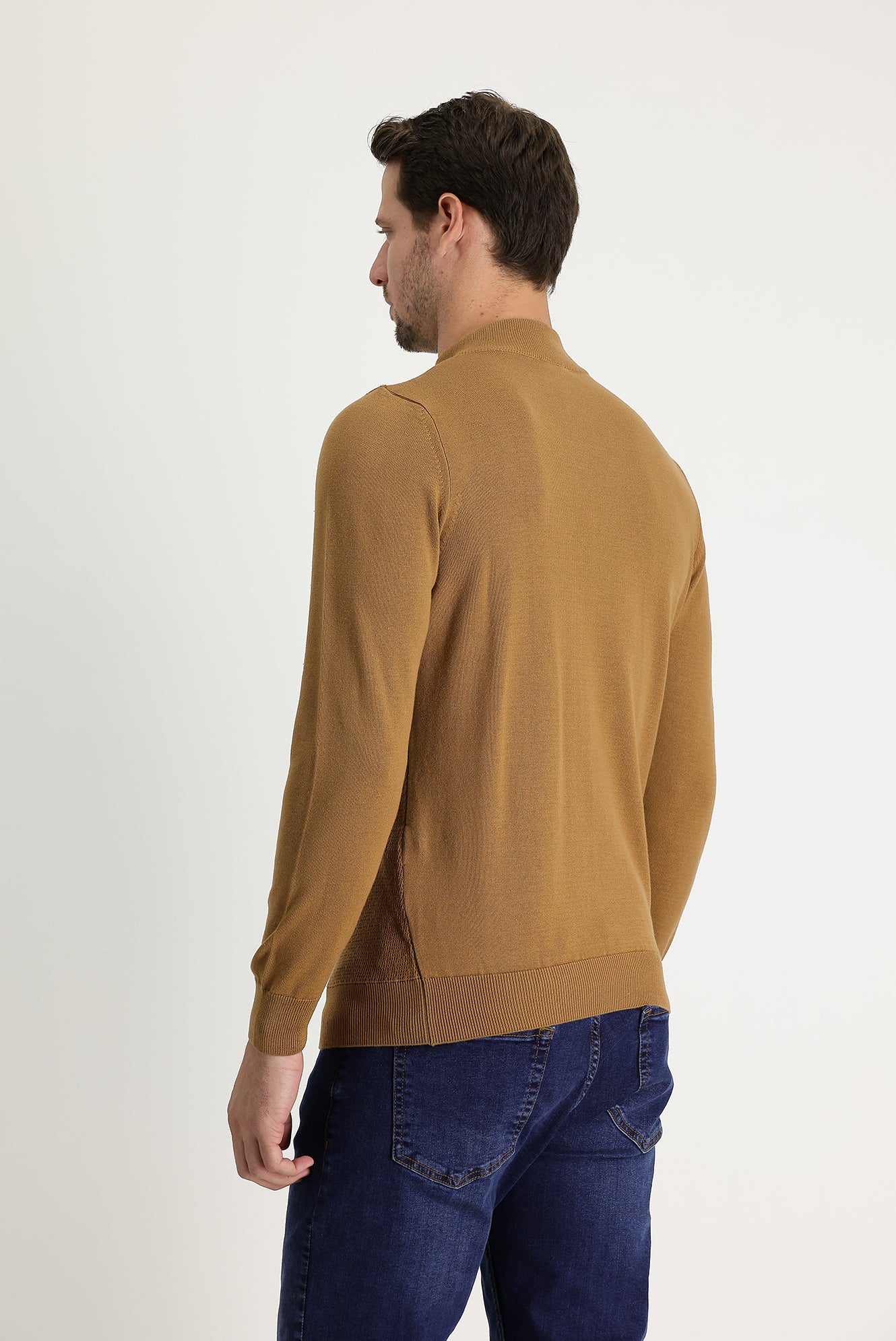 Camel Yarım Balıkçı Yaka Slim Fit Dar Kesim Fermuarlı Desenli Pamuklu Triko Kazak - Image 2