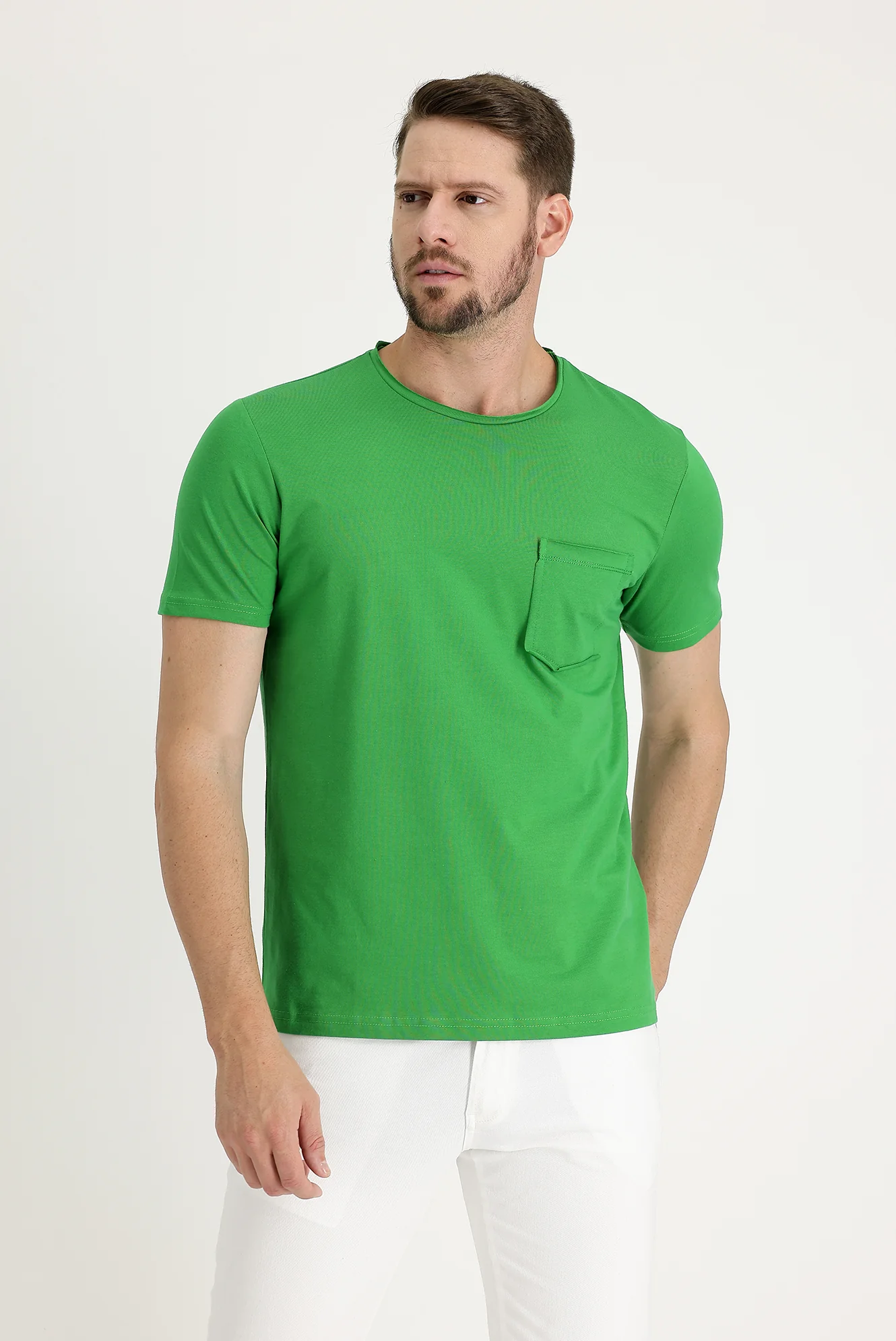 Çimen Yeşili Bisiklet Yaka Slim Fit Dar Kesim Pamuklu Tişört - Image 2