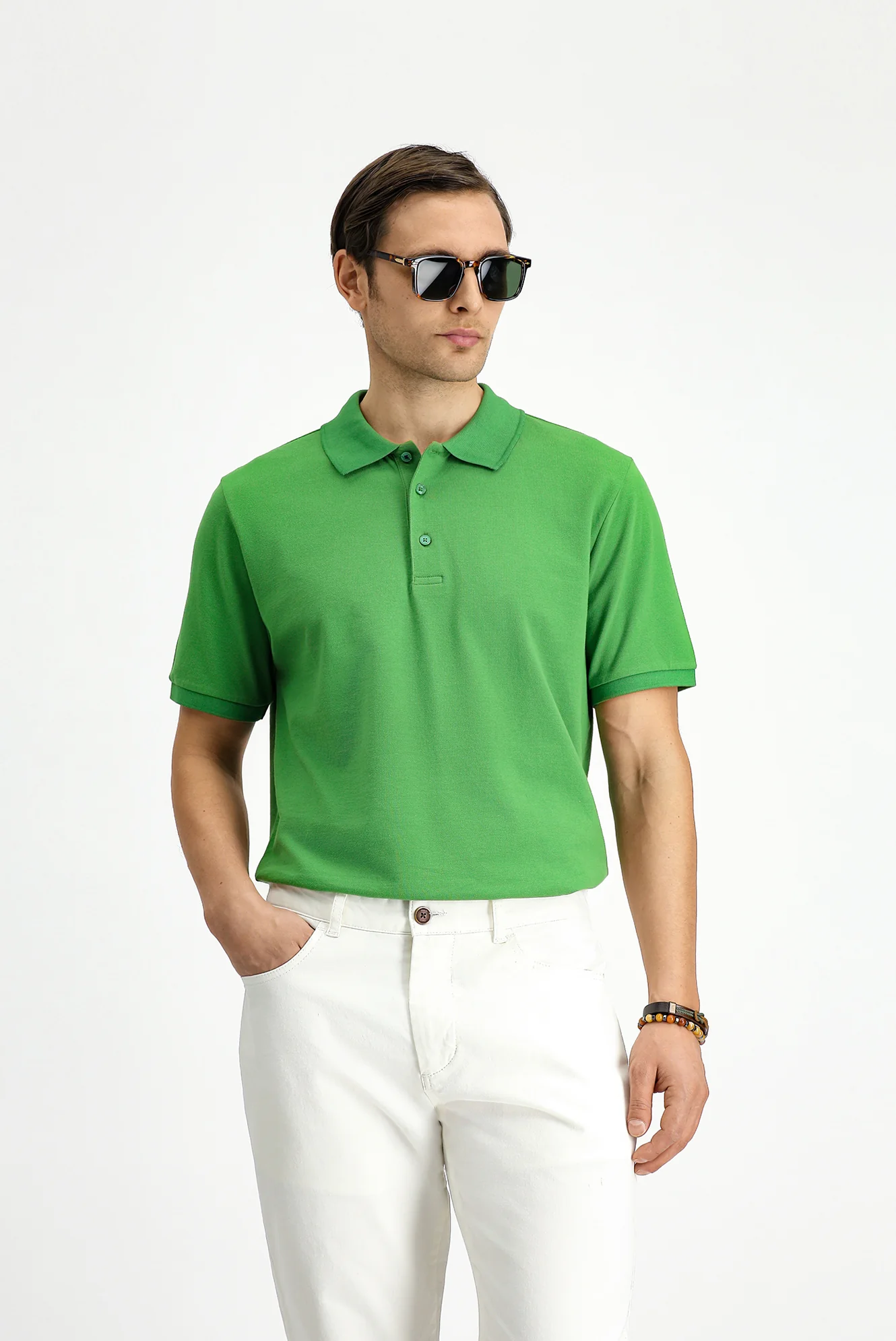 Çimen Yeşili Polo Yaka Regular Fit Nakışlı Pamuk Tişört - Image 2