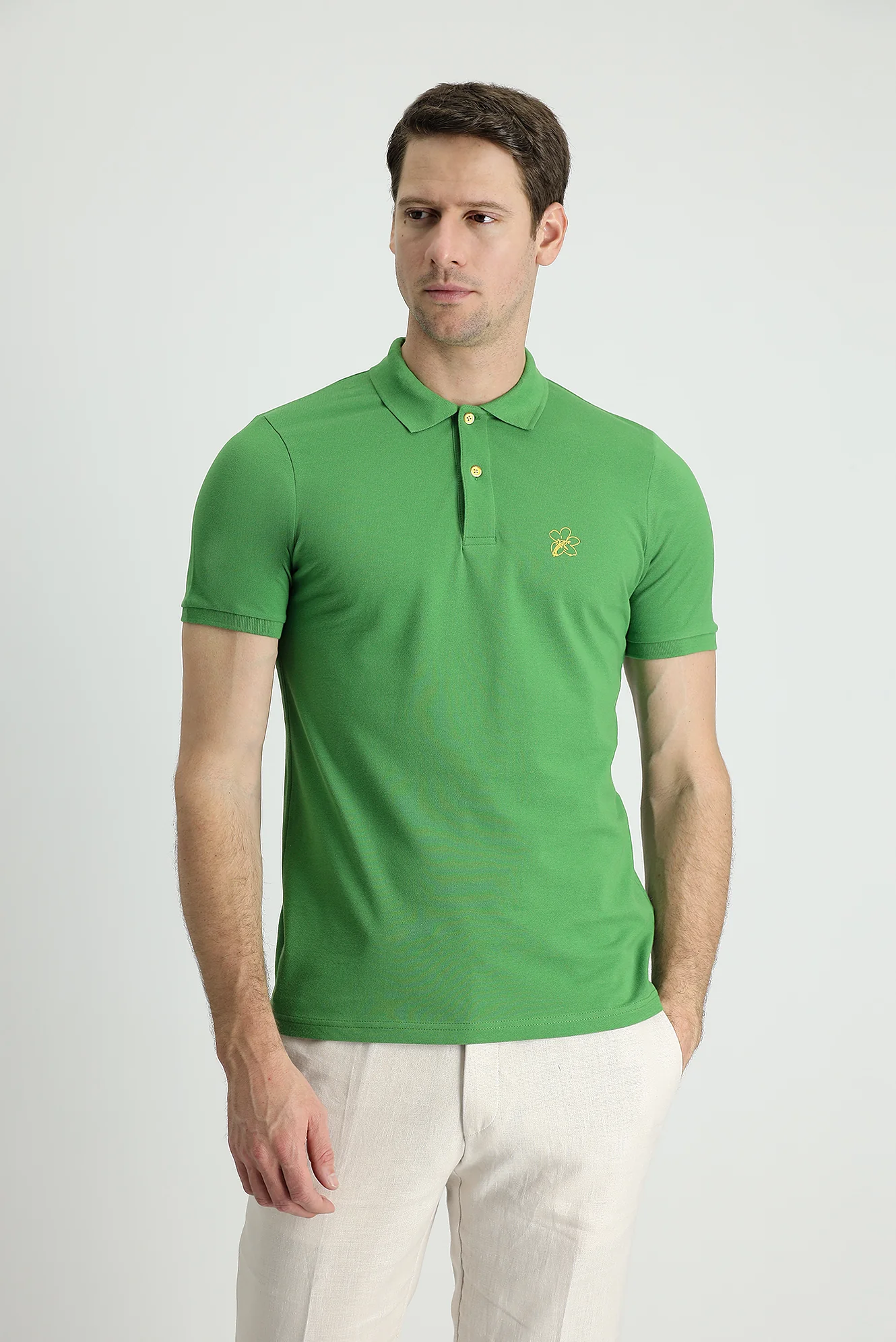 Çimen Yeşili Polo Yaka Slim Fit Dar Kesim Baskılı Pamuk Tişört