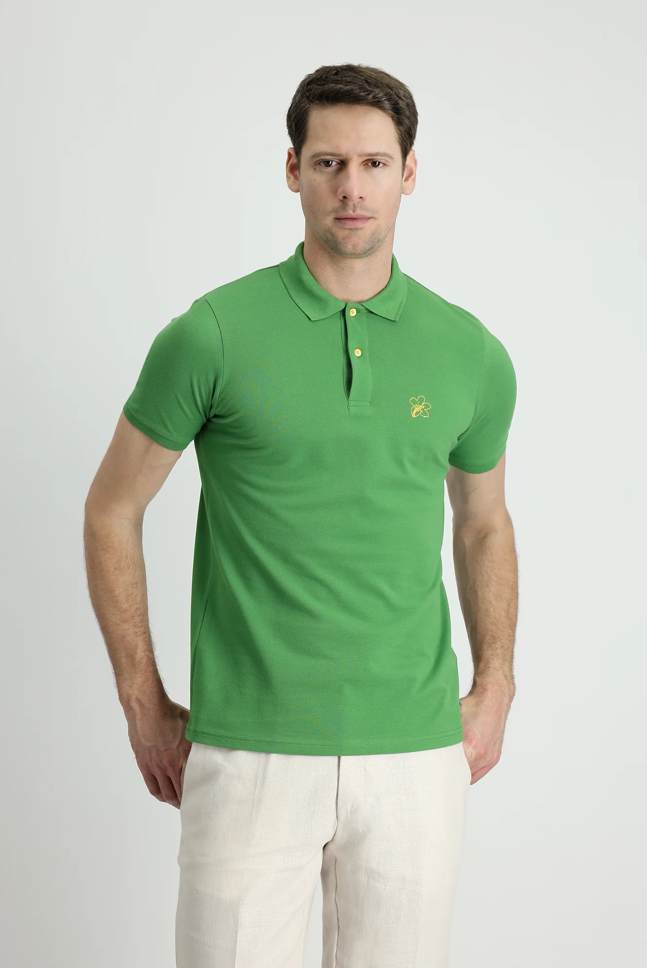 Çimen Yeşili Polo Yaka Slim Fit Dar Kesim Baskılı Pamuk Tişört - Image 2