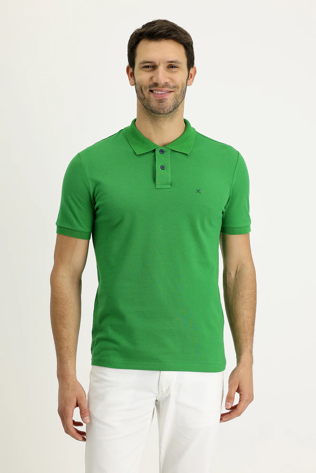 Çimen Yeşili Polo Yaka Slim Fit Dar Kesim Nakışlı Pamuk Tişört