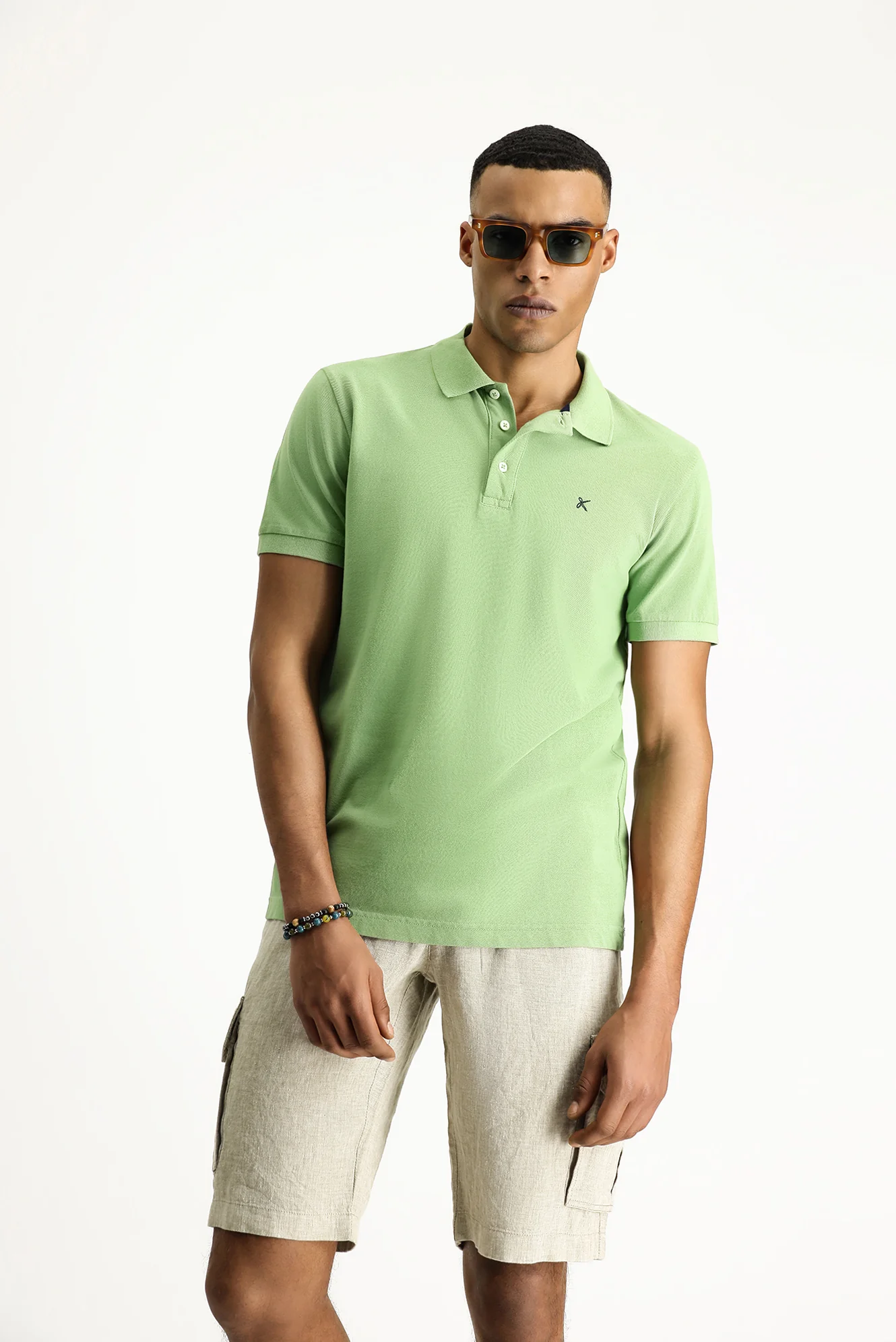 Çimen Yeşili Slim Fit Dar Kesim Nakışlı Pamuk Polo Yaka Tişört