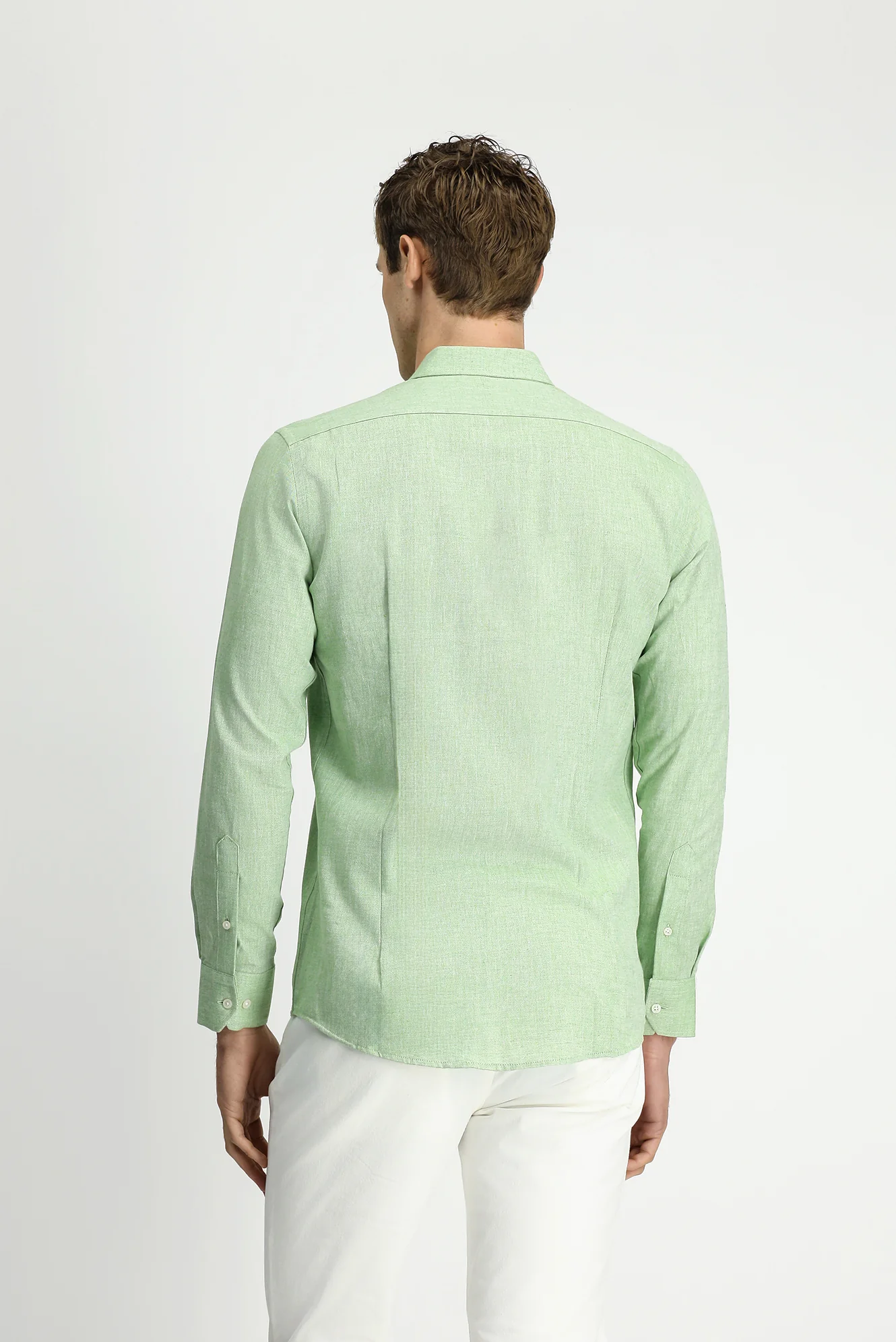 Çimen Yeşili Uzun Kol Slim Fit Dar Kesim Pamuklu Keten Düğmeli Yaka Gömlek - Image 5