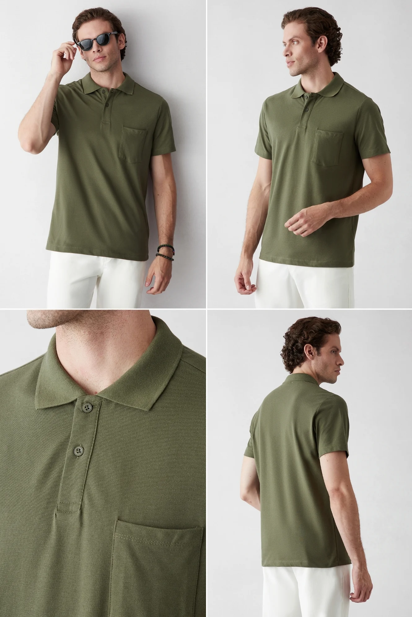 Haki - Ekru Düğmeli Polo Yaka Cepli Regular Fit Pamuklu Düz 2'li Paket Tişört Seti - Image 2