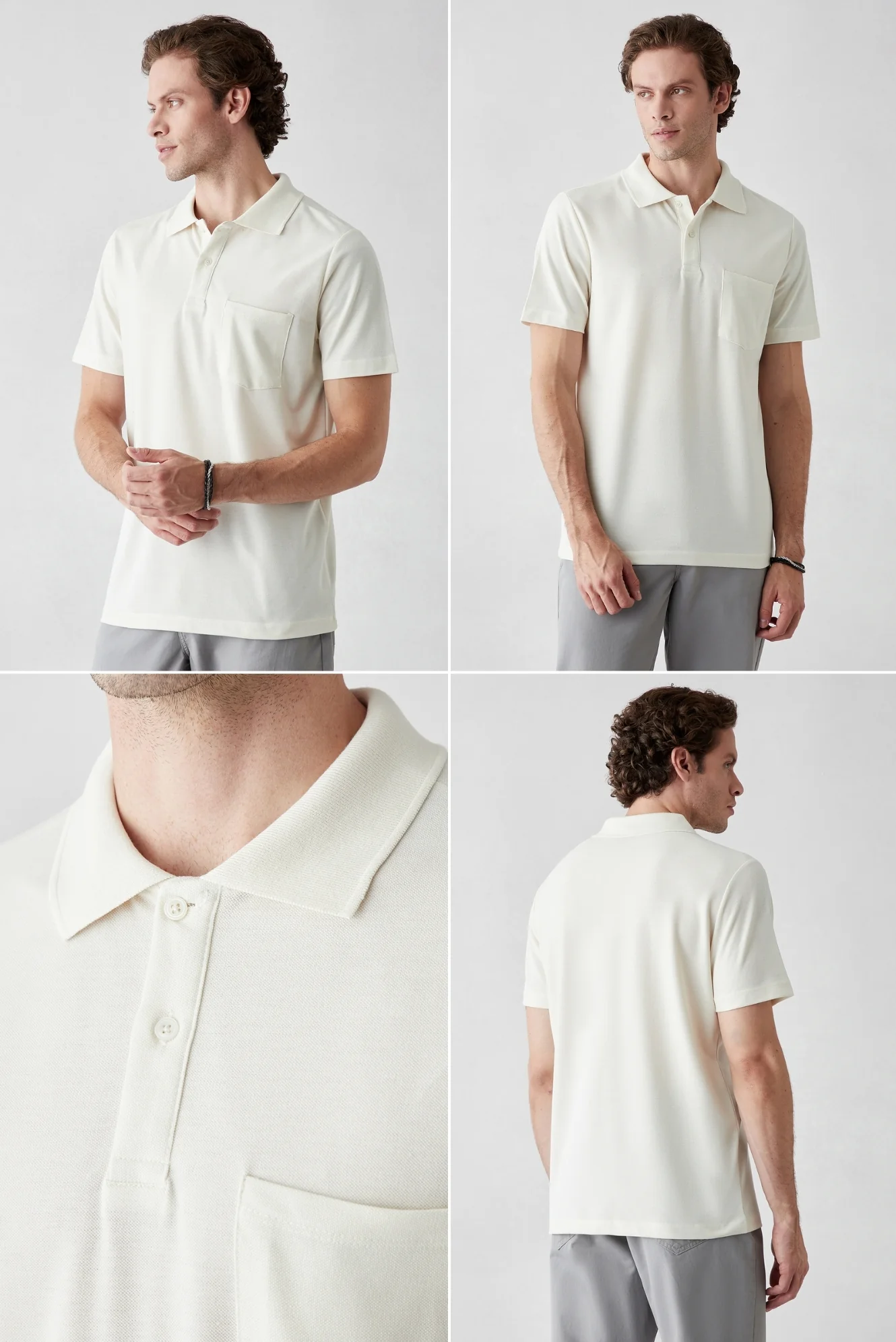 Haki - Ekru Düğmeli Polo Yaka Cepli Regular Fit Pamuklu Düz 2'li Paket Tişört Seti - Image 3