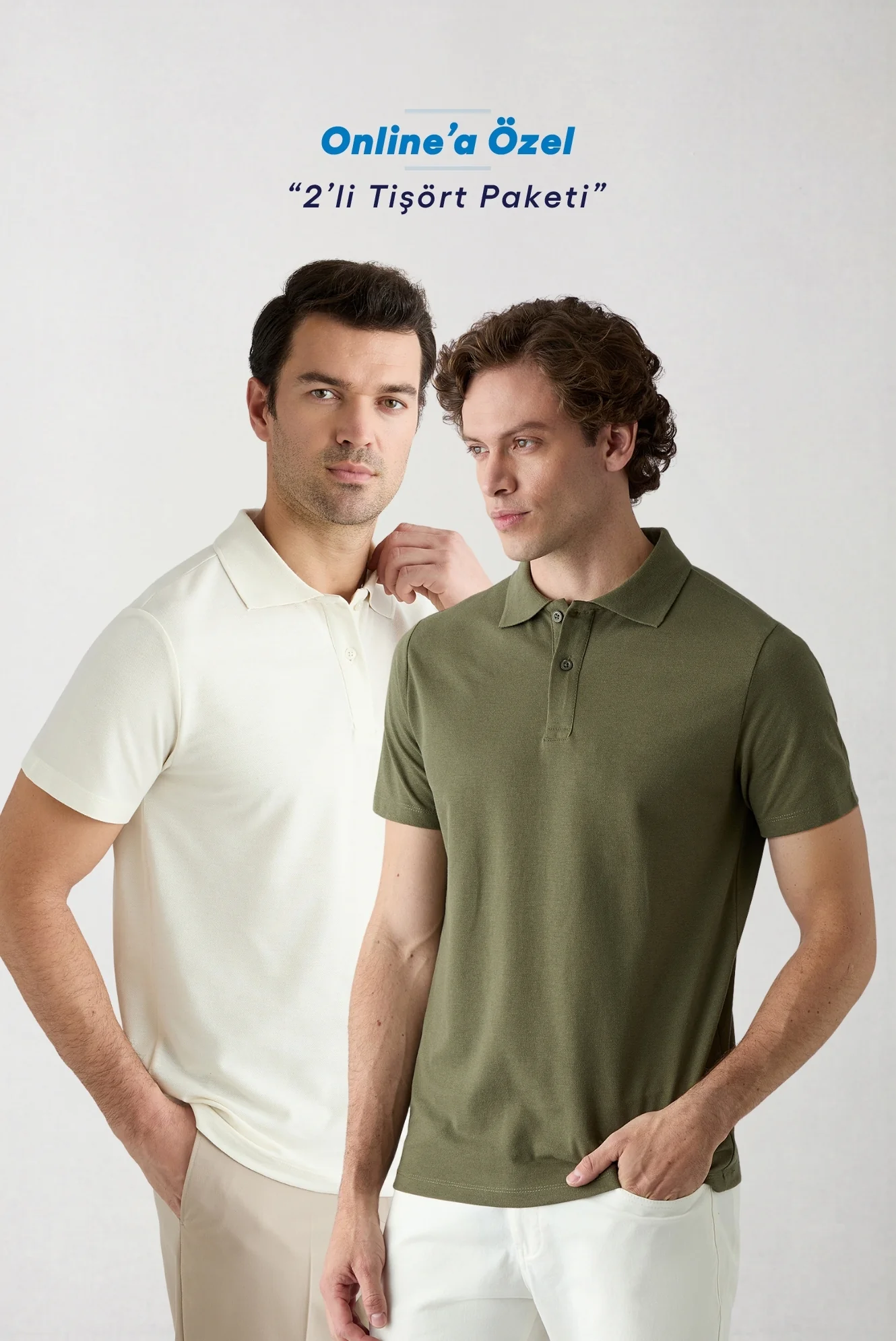 Haki - Ekru Düğmeli Polo Yaka Regular Fit Pamuklu Düz 2'li Paket Tişört Seti
