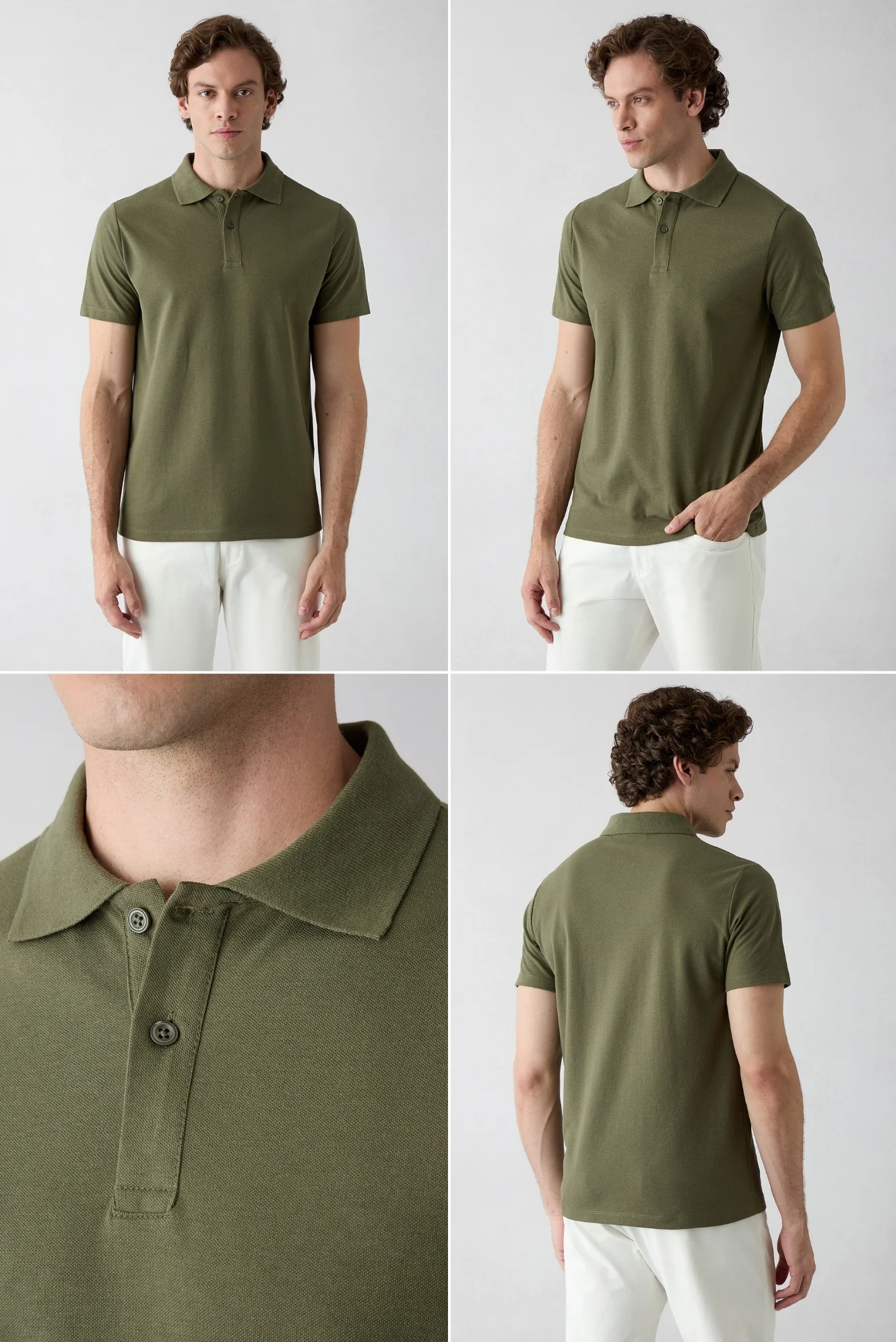 Haki - Ekru Düğmeli Polo Yaka Regular Fit Pamuklu Düz 2'li Paket Tişört Seti - Image 2