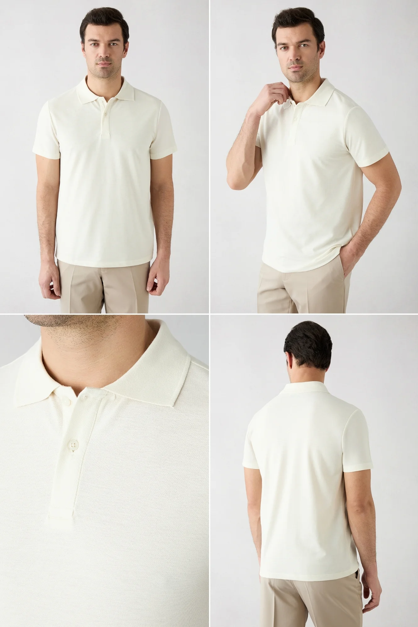 Haki - Ekru Düğmeli Polo Yaka Regular Fit Pamuklu Düz 2'li Paket Tişört Seti - Image 3