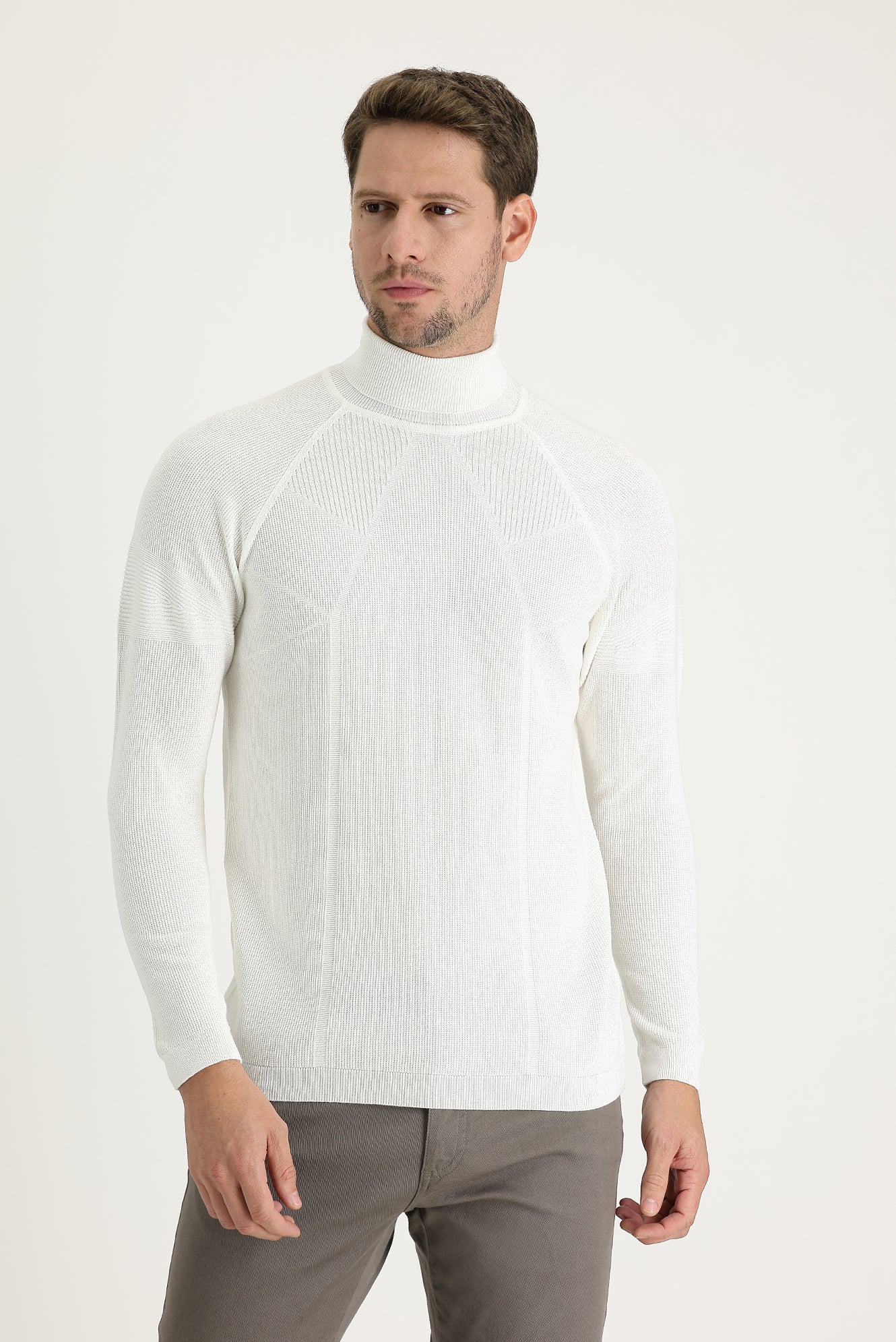 Ekru Balıkçı Yaka Slim Fit Dar Kesim Desenli Pamuklu Triko Kazak - Image 2