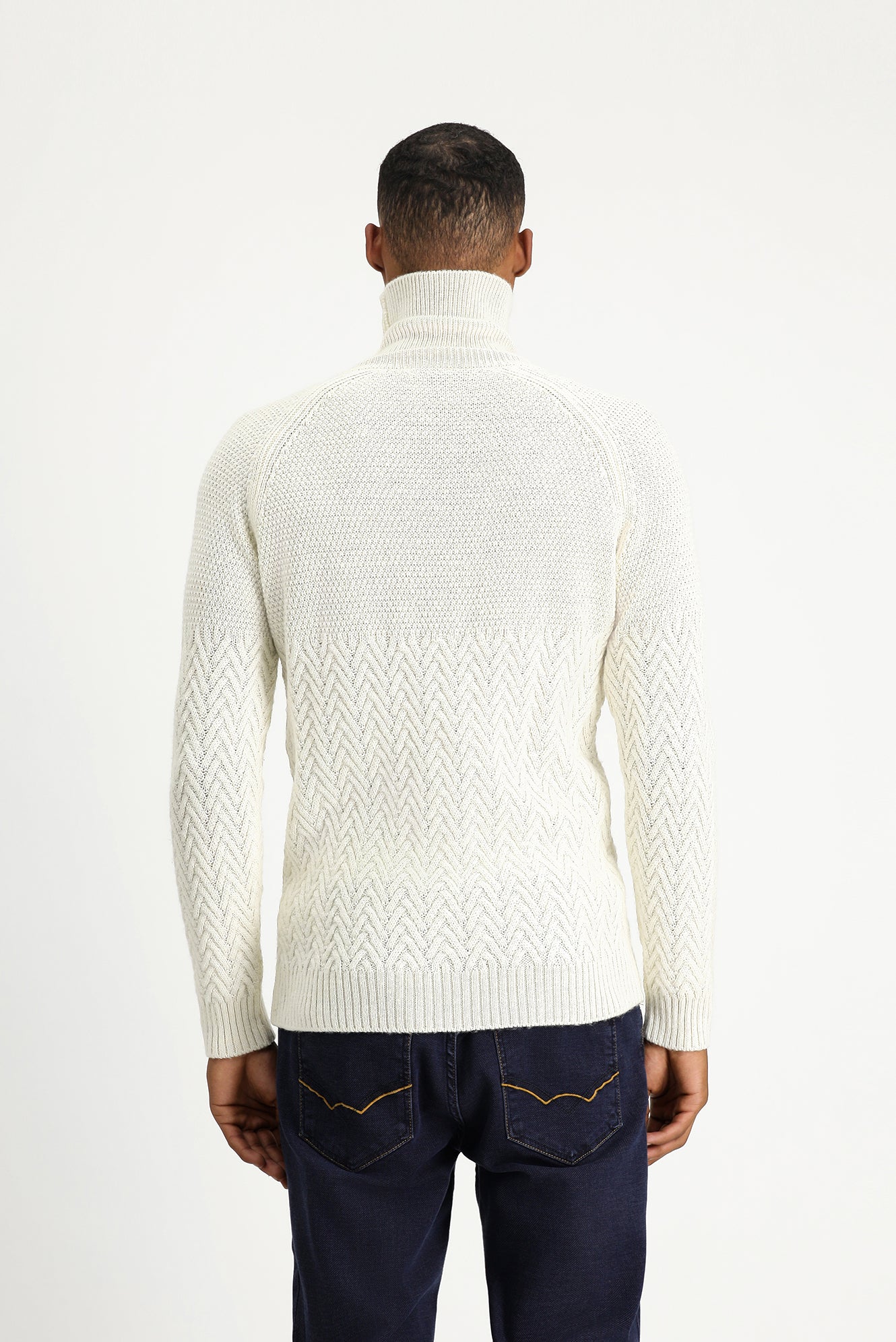 Ekru Balıkçı Yaka Slim Fit Dar Kesim Desenli Yünlü Triko Kazak - Image 4