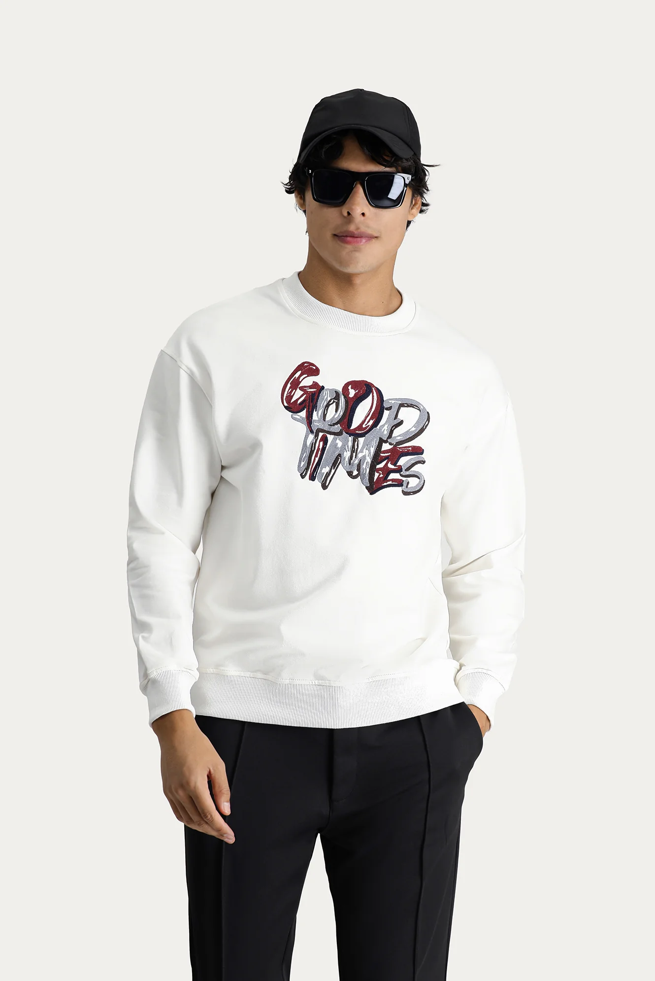 Ekru Bisiklet Yaka Baskılı Oversize Pamuk Sweatshirt - Image 4