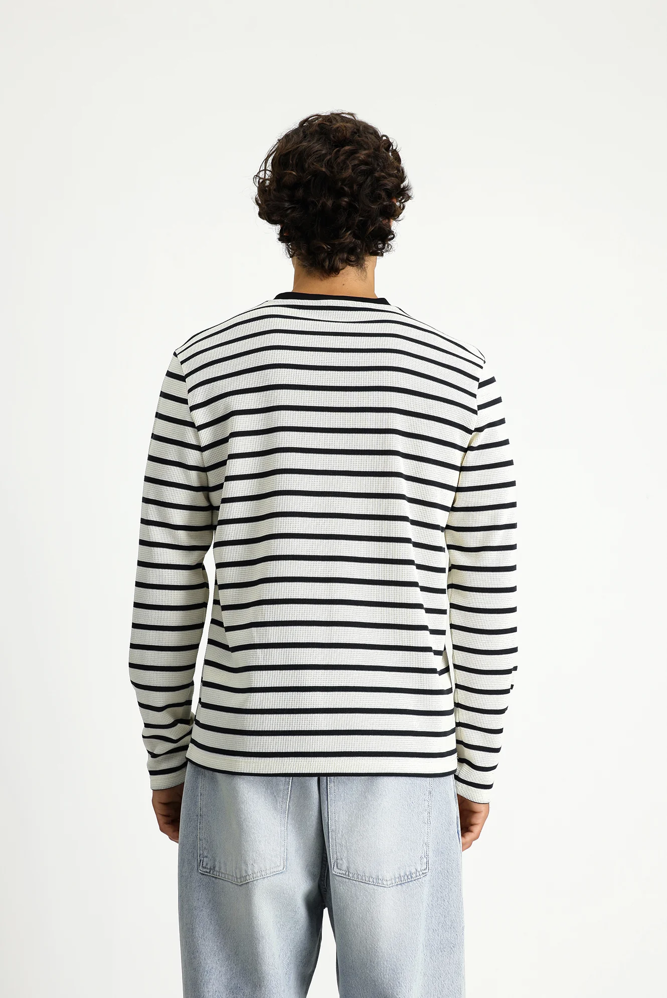 Ekru Bisiklet Yaka Regular Fit Çizgili Sweatshirt - Image 6