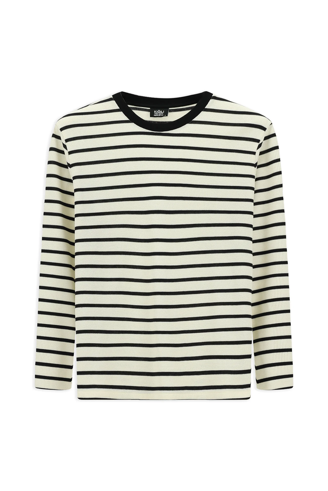 Ekru Bisiklet Yaka Regular Fit Çizgili Sweatshirt - Image 8