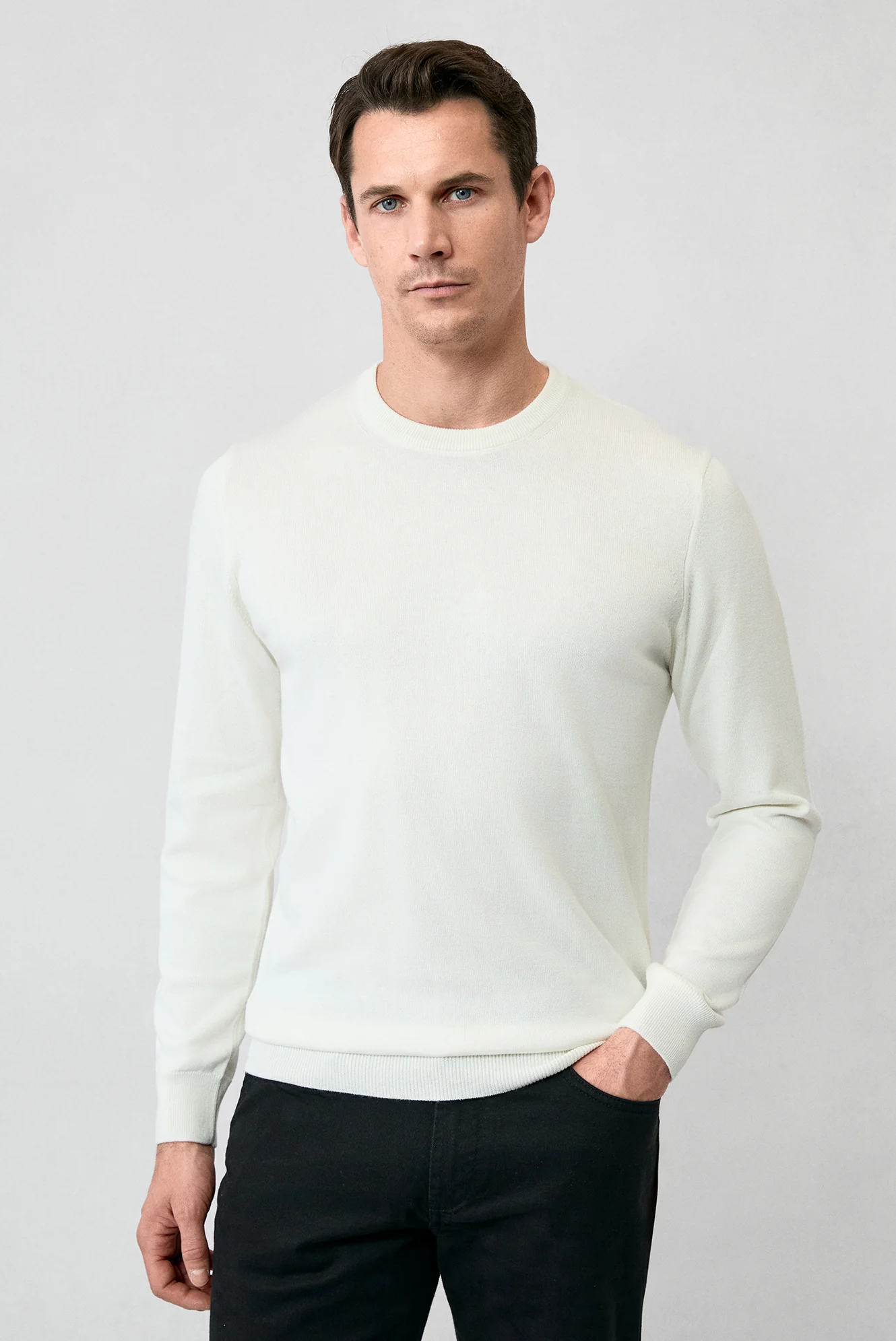 Ekru Bisiklet Yaka Regular Fit Pamuklu Triko Kazak