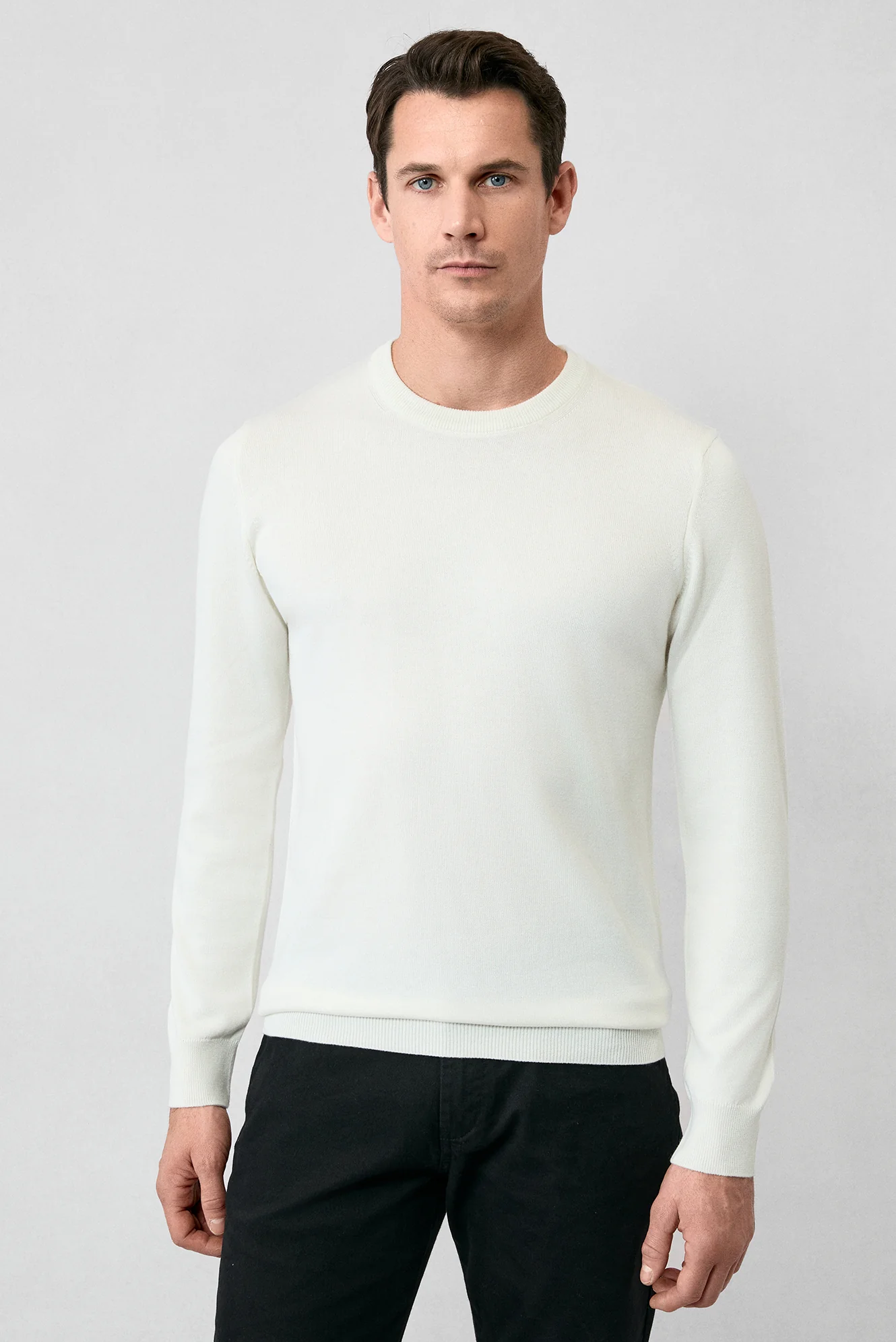 Ekru Bisiklet Yaka Regular Fit Pamuklu Triko Kazak - Image 3