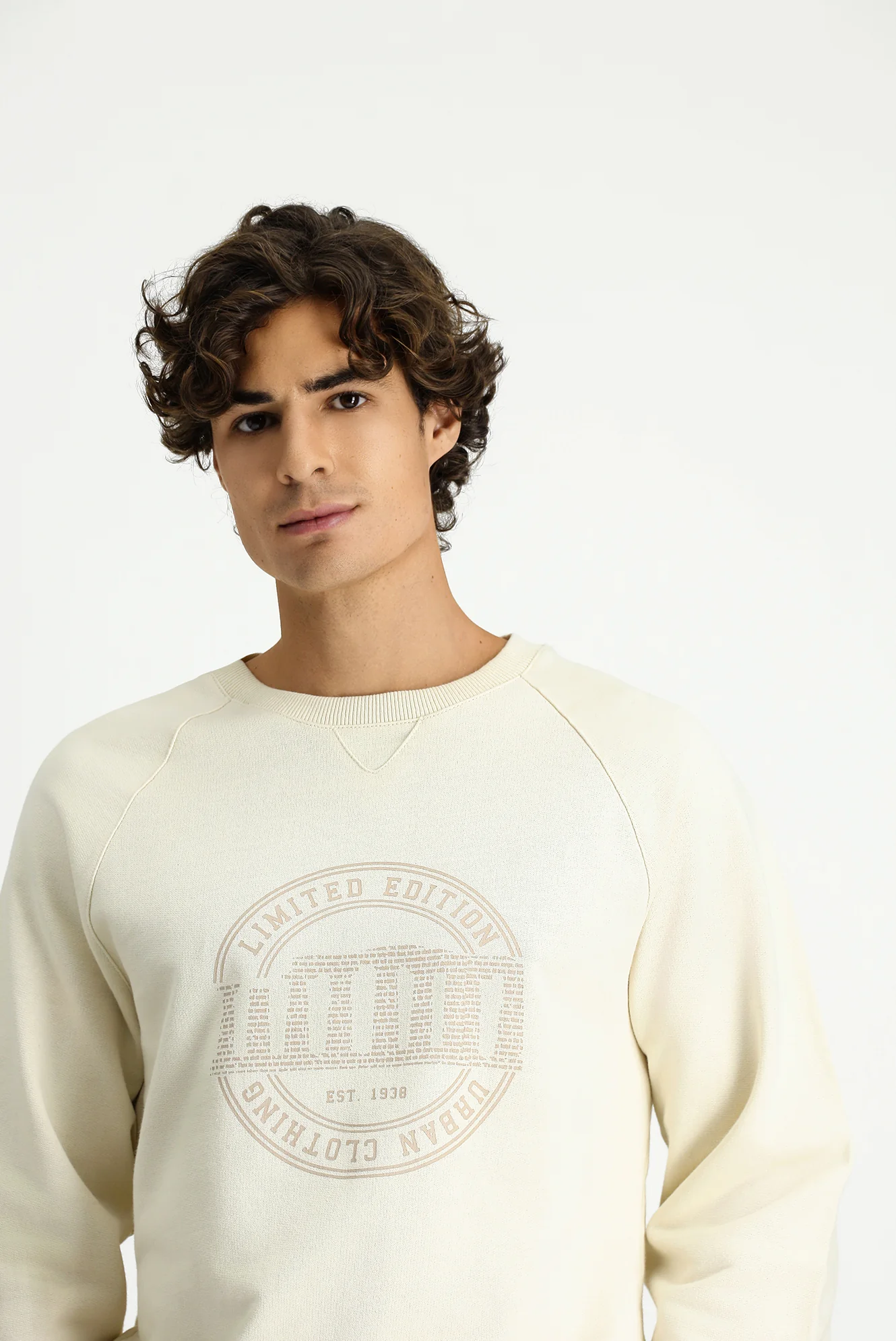 Ekru Bisiklet Yaka Regular Fit Baskılı Pamuk Sweatshirt - Image 3