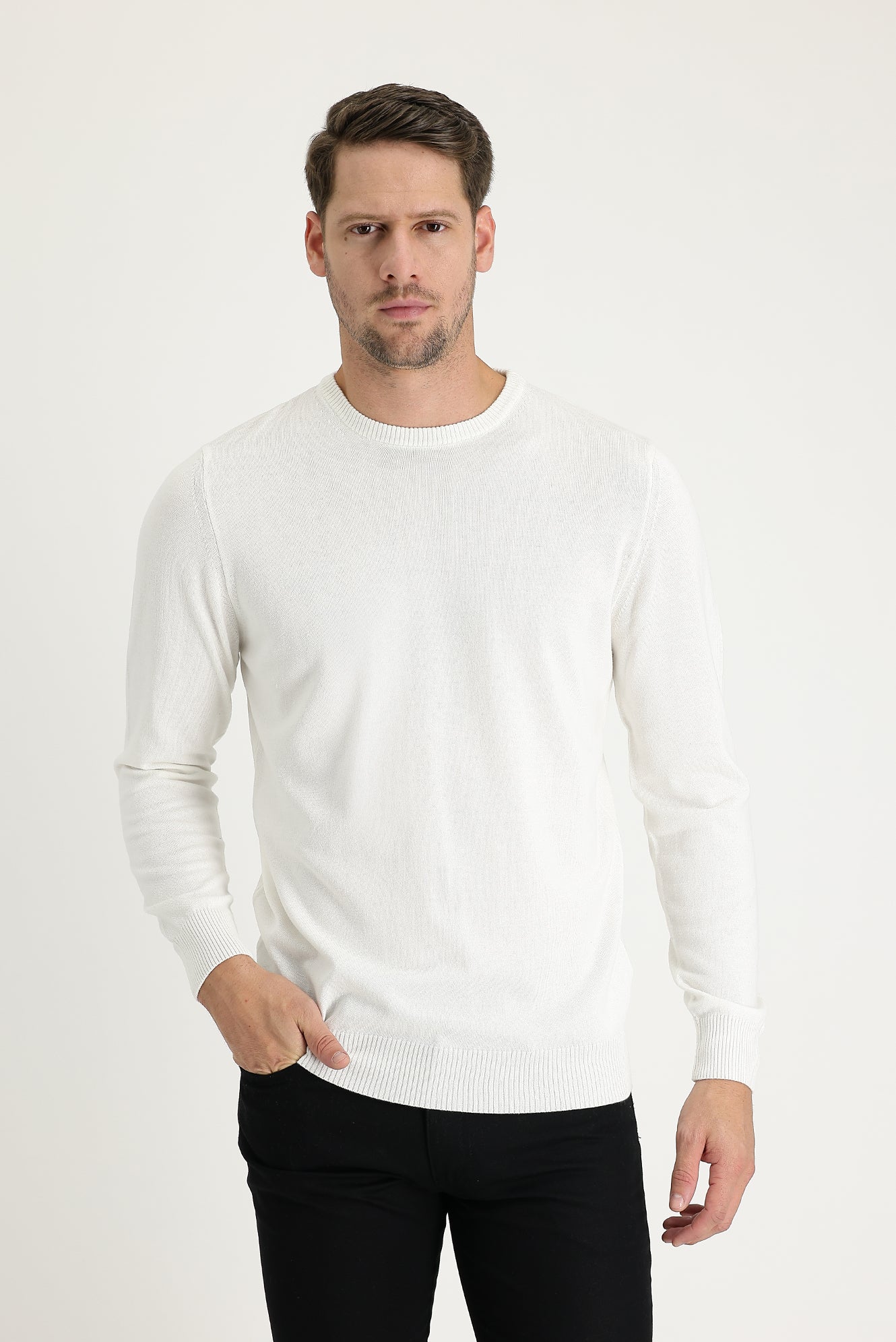 Ekru Bisiklet Yaka Regular Fit Triko Kazak - Image 2