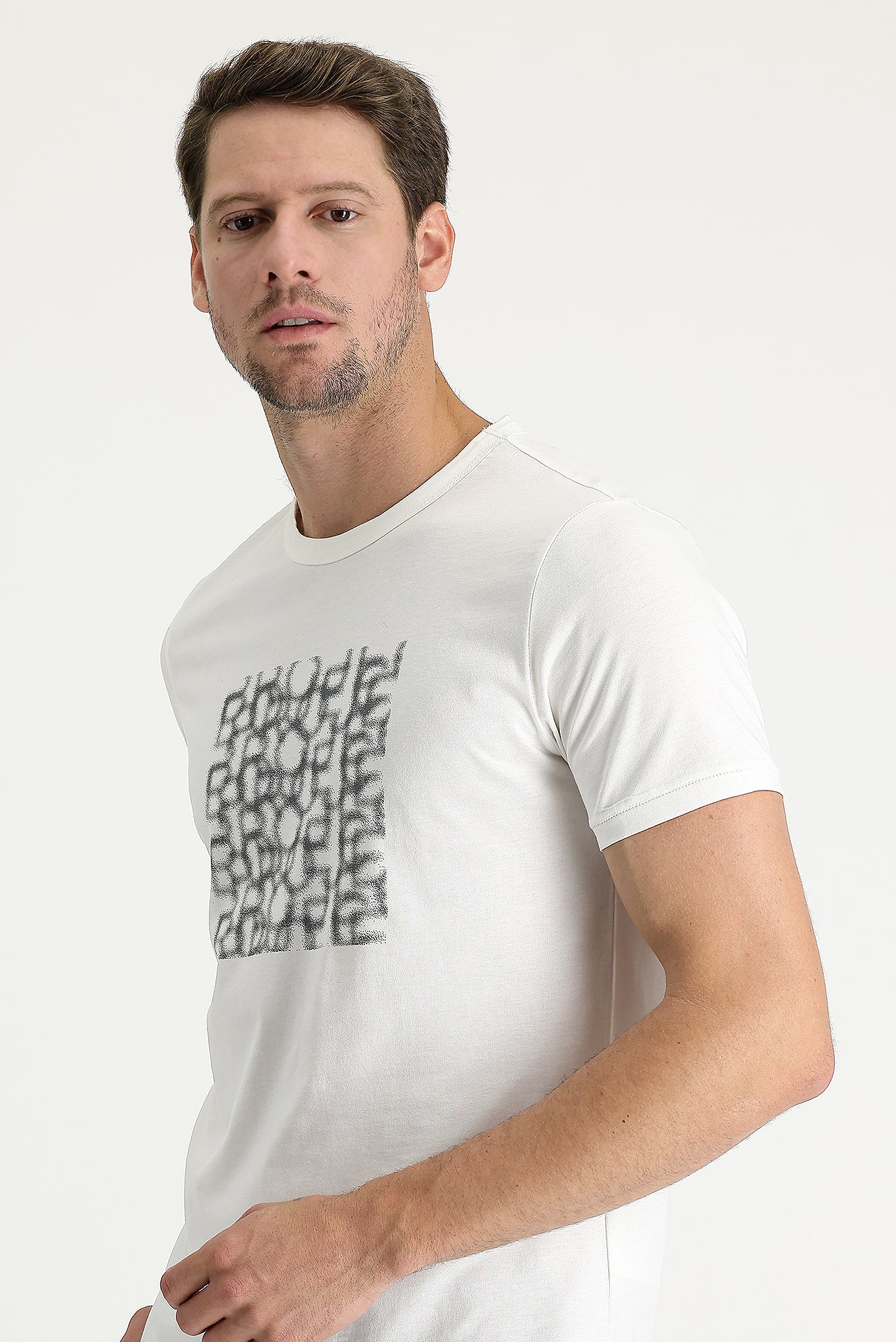 Ekru Bisiklet Yaka Slim Fit Dar Kesim Baskılı Pamuk Tişört - Image 2
