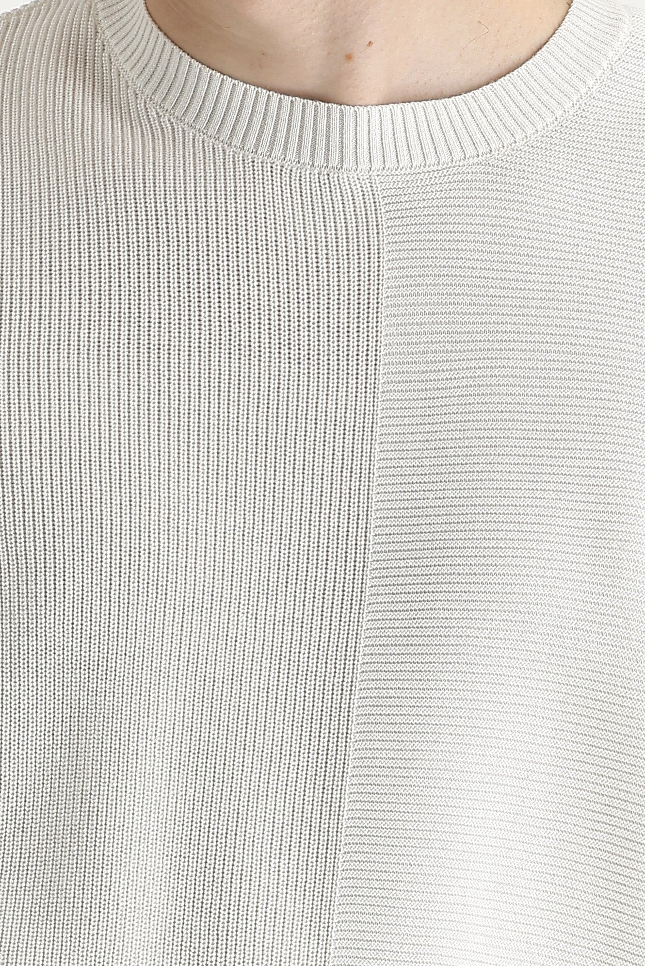 Ekru Bisiklet Yaka Slim Fit Dar Kesim Desenli Pamuklu Triko Kazak - Image 3