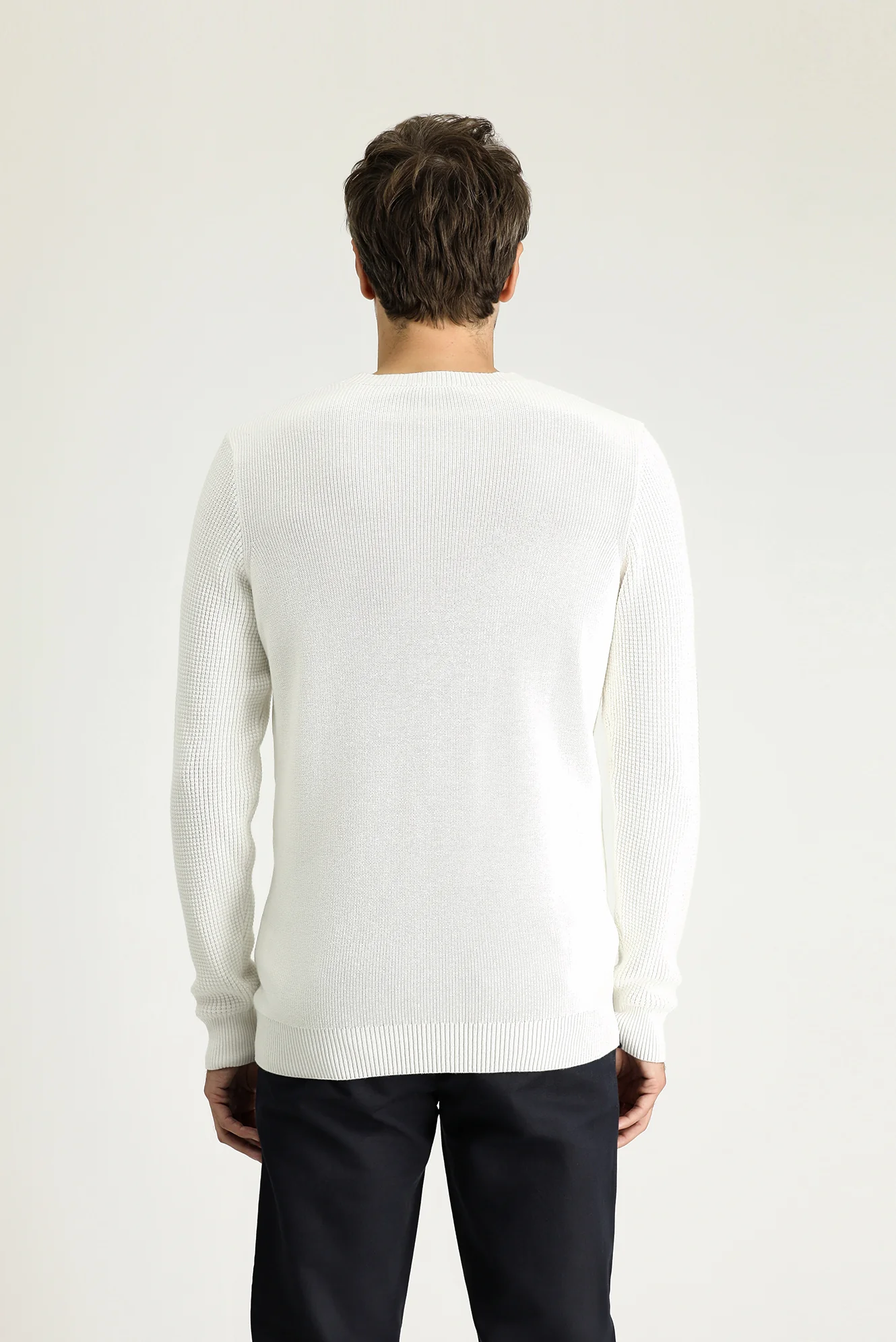 Ekru Bisiklet Yaka Slim Fit Dar Kesim Desenli Pamuklu Triko Kazak - Image 4