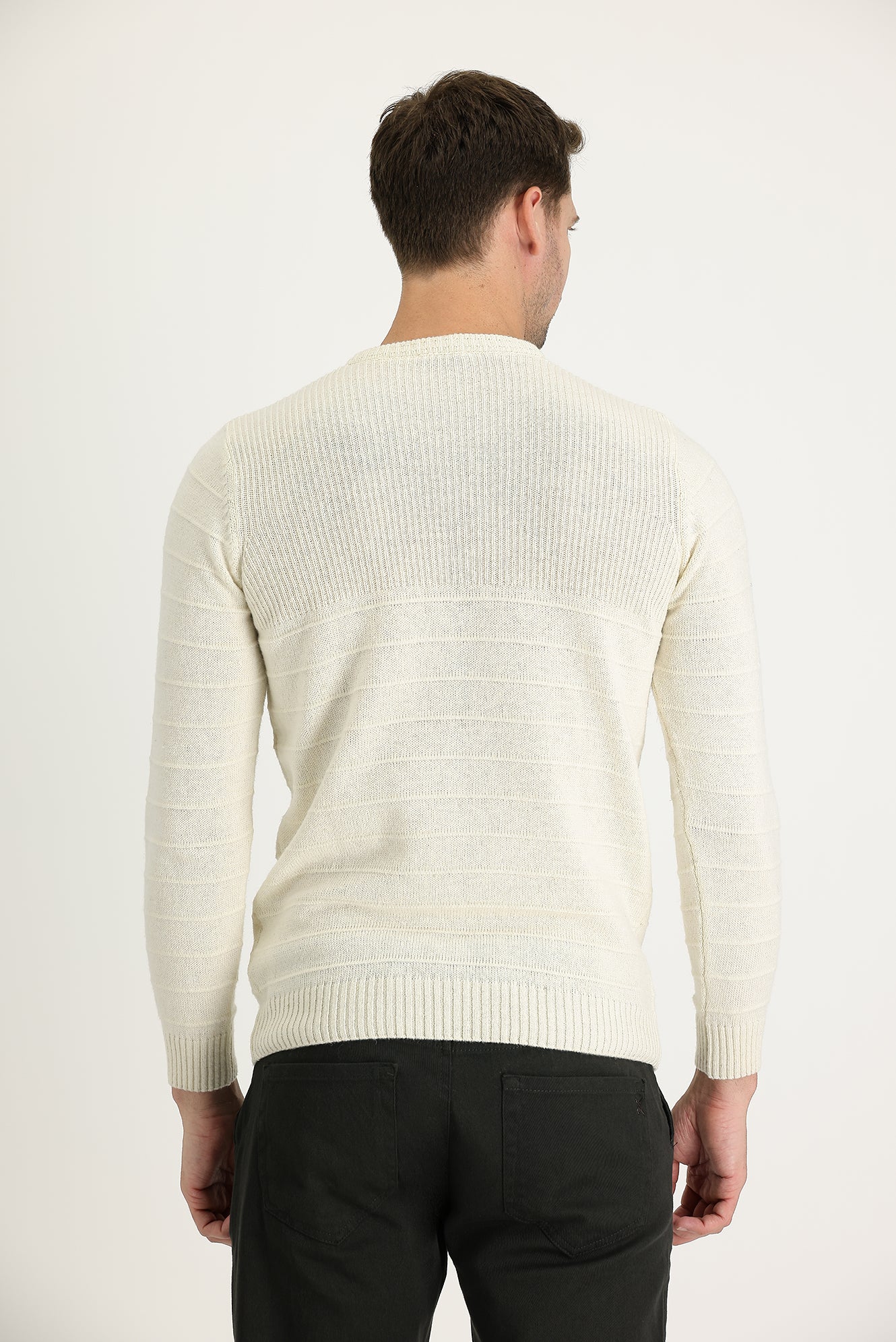 Ekru Bisiklet Yaka Slim Fit Dar Kesim Desenli Triko Kazak - Image 3