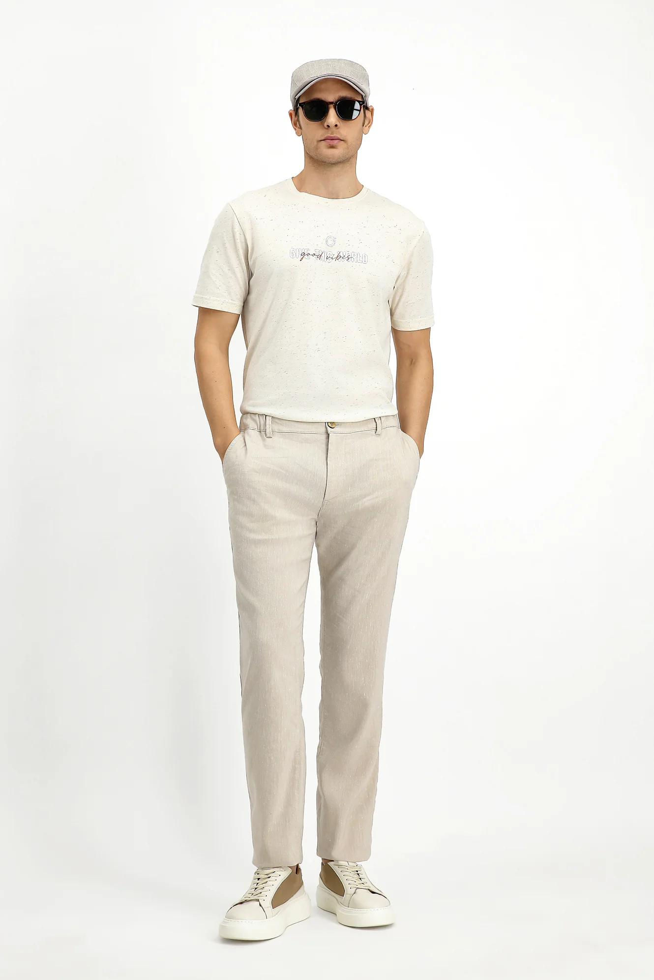 Ekru Bisiklet Yaka Slim Fit Dar Kesim Pamuklu Baskılı Tişört - Image 2