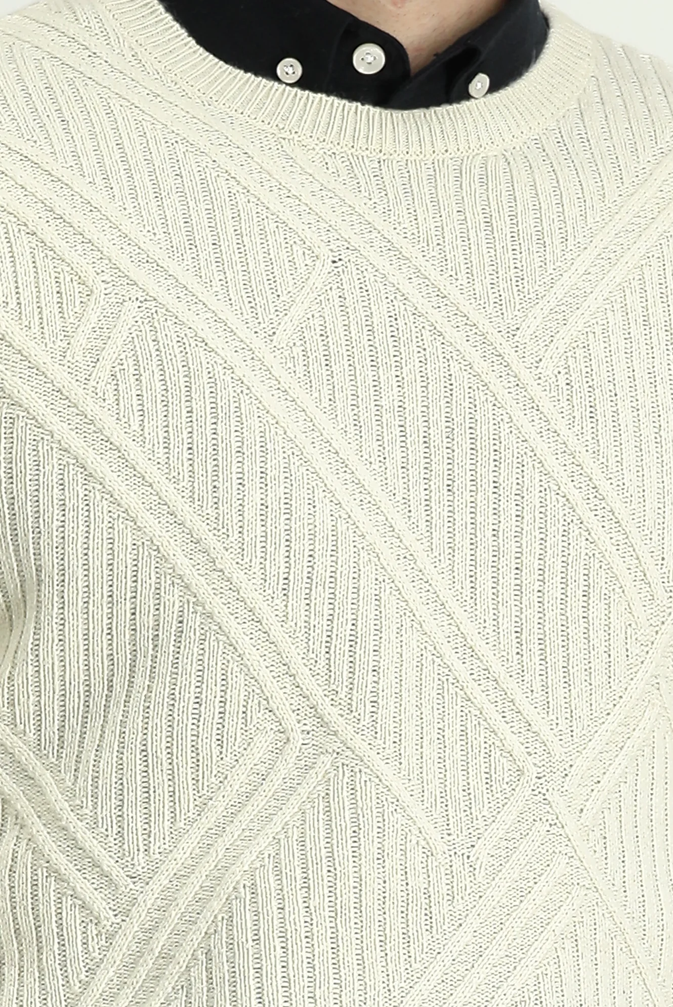Ekru Bisiklet Yaka Slim Fit Dar Kesim Desenli Yünlü Triko Kazak - Image 6