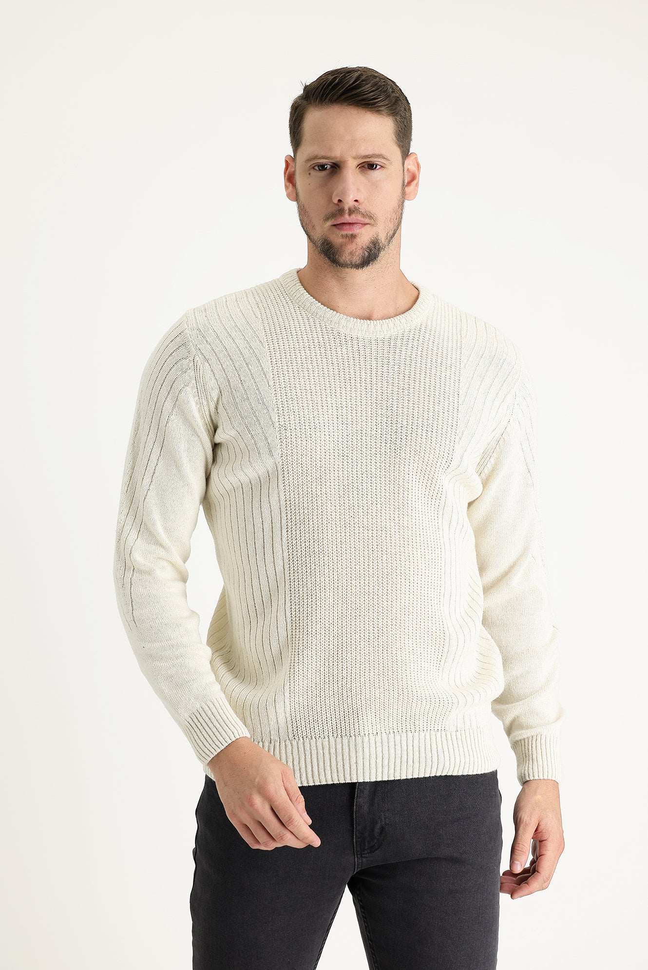 Ekru Bisiklet Yaka Slim Fit Dar Kesim Yünlü Desenli Triko Kazak - Image 2