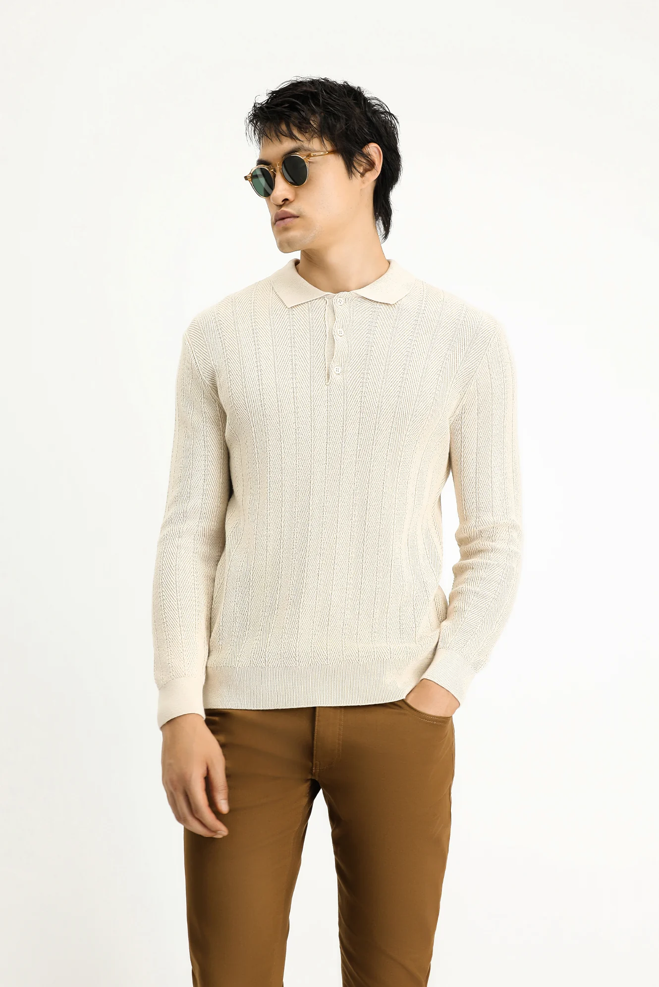 Ekru Polo Yaka Düğmeli Slim Fit Desenli Pamuklu Triko Kazak - Image 4