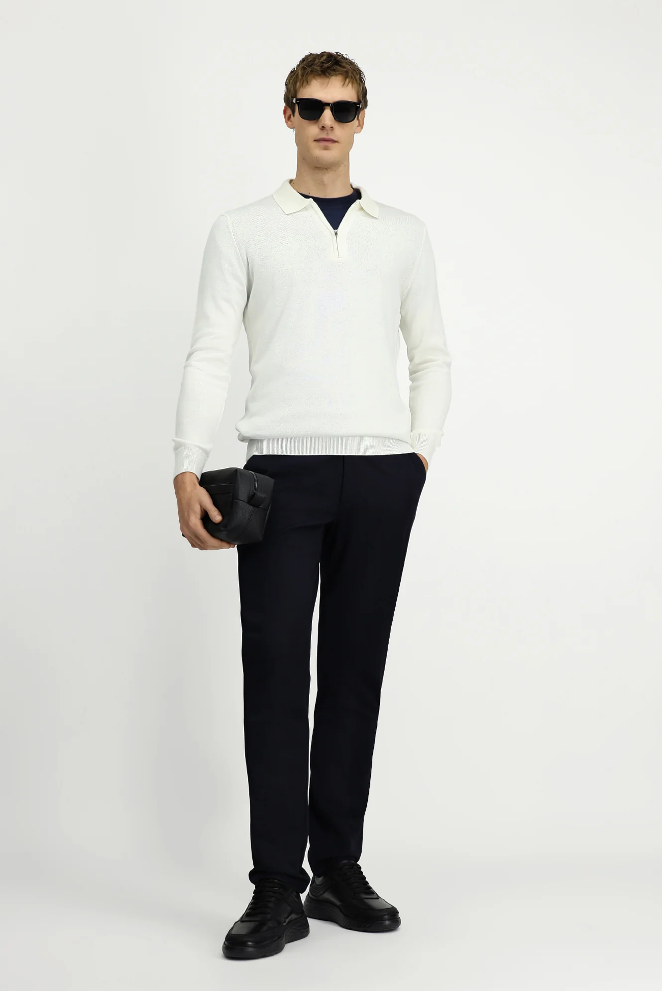 Ekru Polo Yaka Regular Fit Fermuarlı Pamuklu Örme Triko Kazak - Image 3