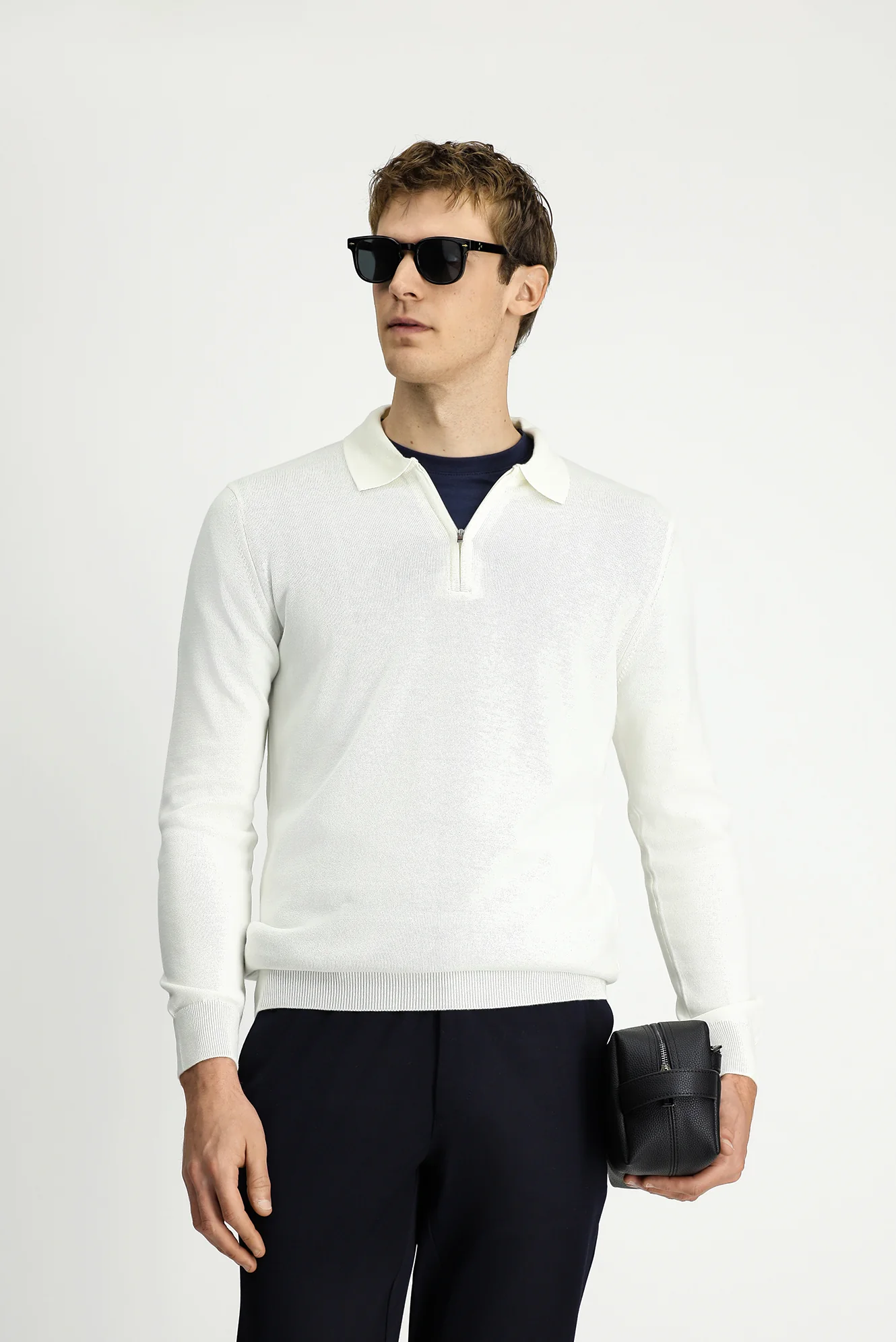 Ekru Polo Yaka Regular Fit Fermuarlı Pamuklu Örme Triko Kazak - Image 4